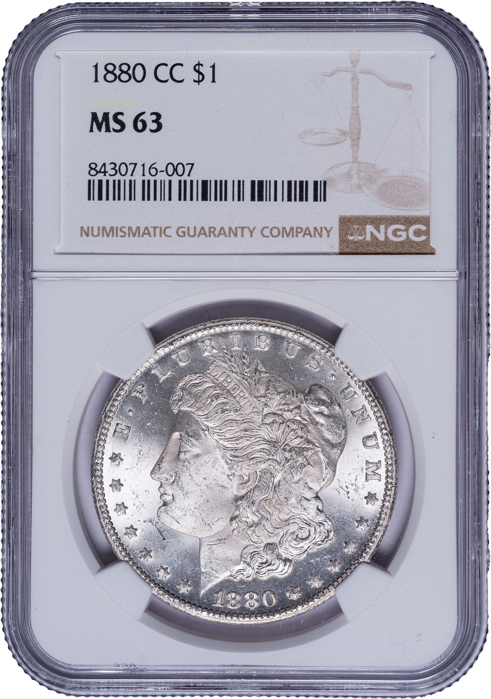 NGC MS-63 1880-CC Morgan Dollar: Sharp and lustrous with lively cartwheel activity. Not far off a finer grade to our eyes.