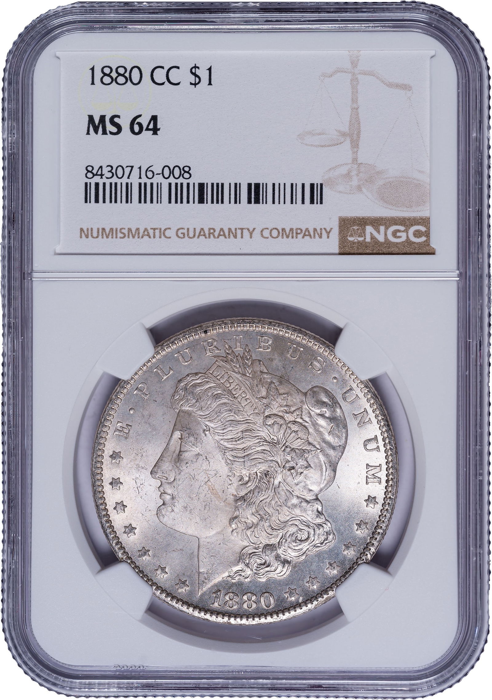 NGC MS-64 1880-CC Morgan Dollar: A frosty and lustrous piece with a faint golden glow; the obverse is somewhat mattelike in appearance. Nice.