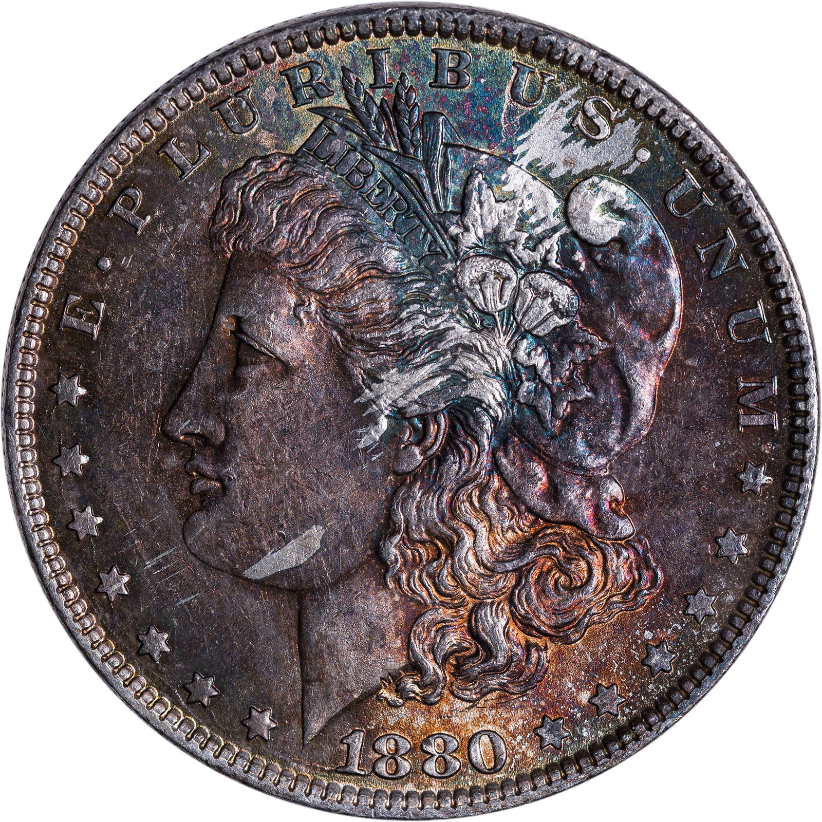 BU-60 Toned 1880-O Morgan Dollar: Shows some purple, blue and mauve tone.
