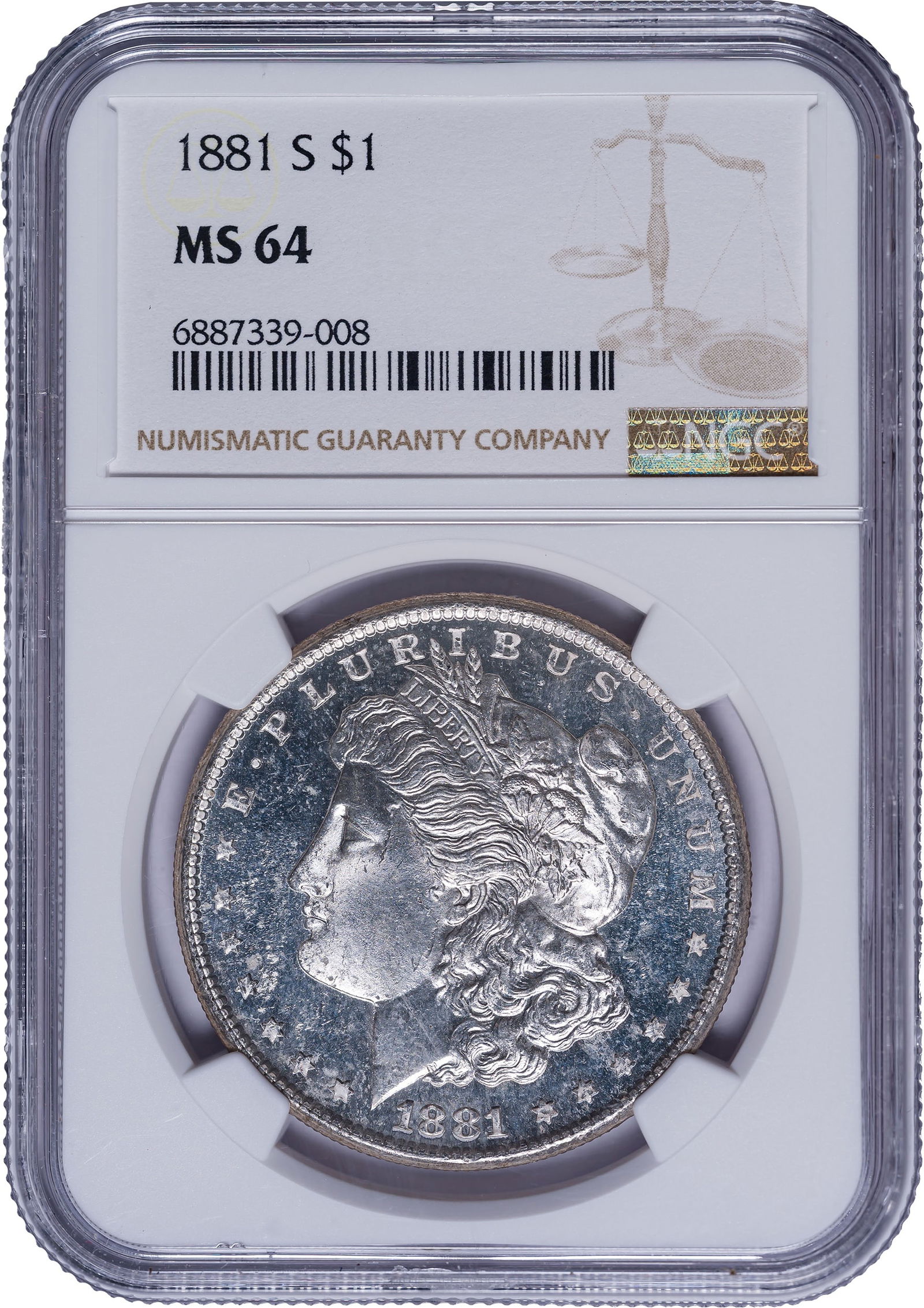 NGC MS-64 1881-S Morgan Dollar: Brilliant with reflective PL surfaces. We're thinking someone didin't hit the PL button when they printed the label for tis one!