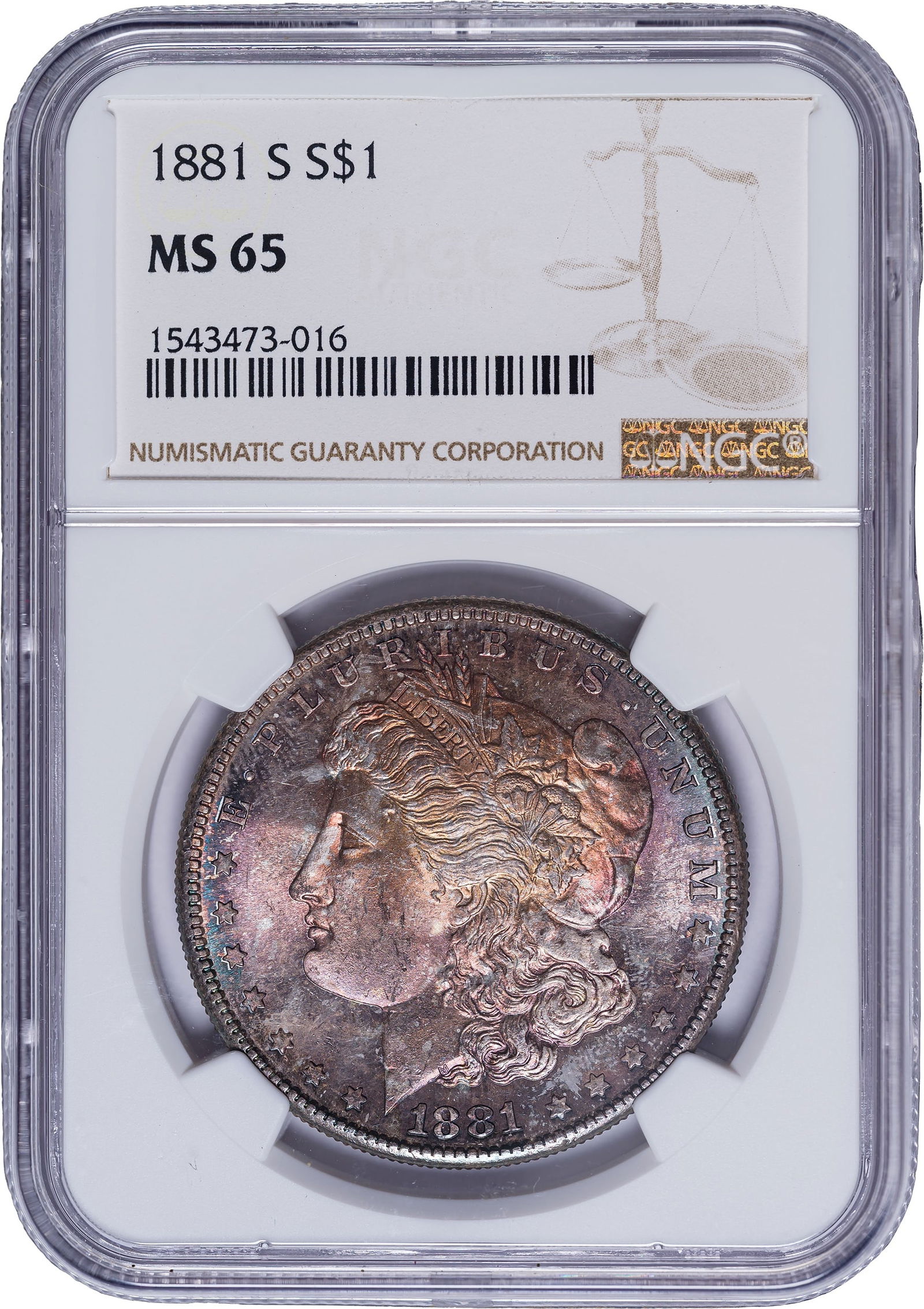 NGC MS-65 Toned 1881-S Morgan Dollar: Lively gold, peach, rose, and pale blue iridescence engulfs both sides of this satiny and lustrous Gem Morgan dollar.