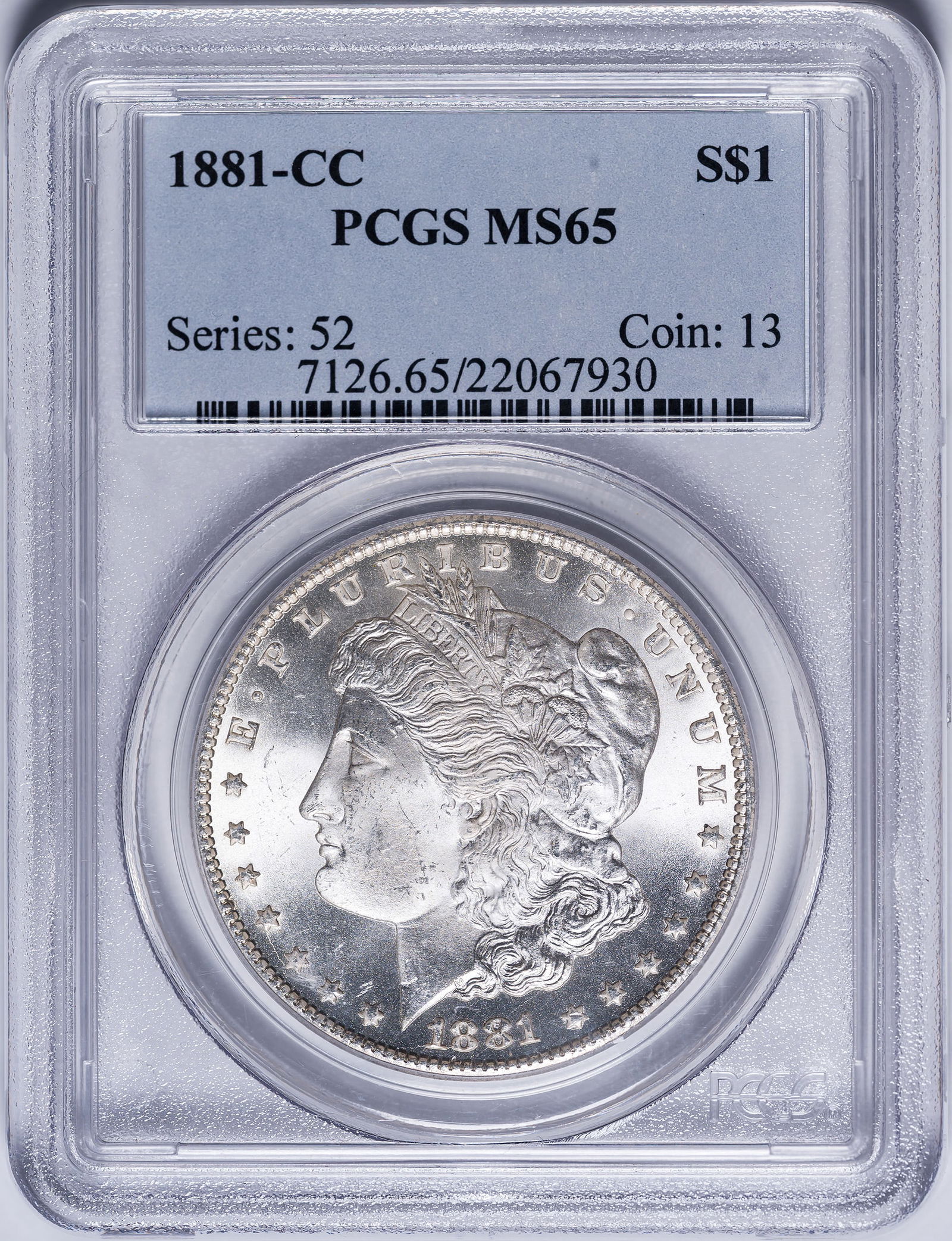 PCGS MS-65 1881-CC Morgan Dollar: A blast white gem.