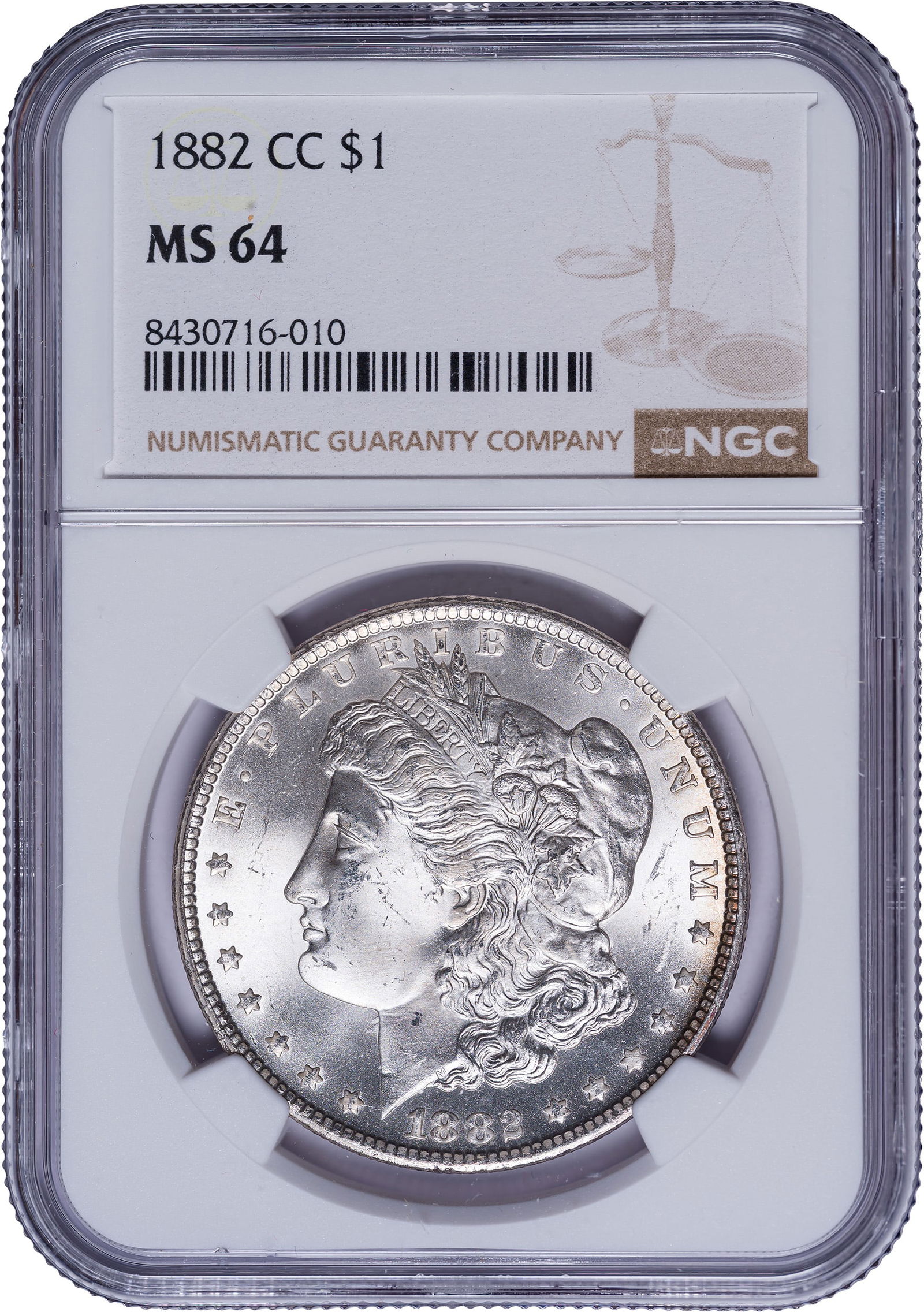 NGC MS-64 1882-CC Morgan Dollar: Frosty, bright, and lustrous, and as nice as many pieces graded a point finer.