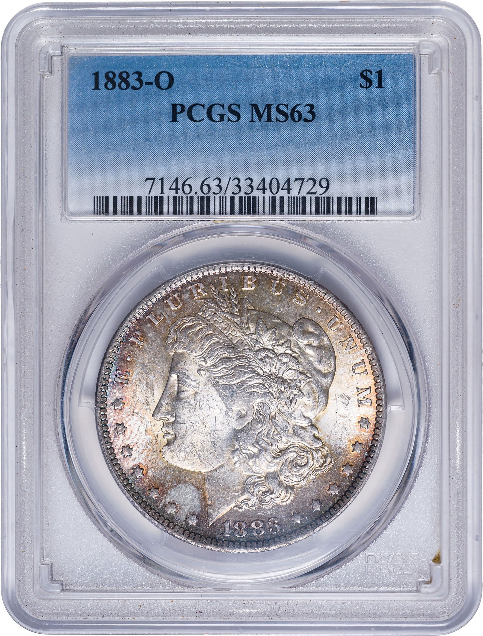 PCGS MS-63 Toned 1883-O Morgan Dollar: Brilliant and lustrous with lively golden iridescence at the obverse rim, the reverse similar but with far less colorful highlights.