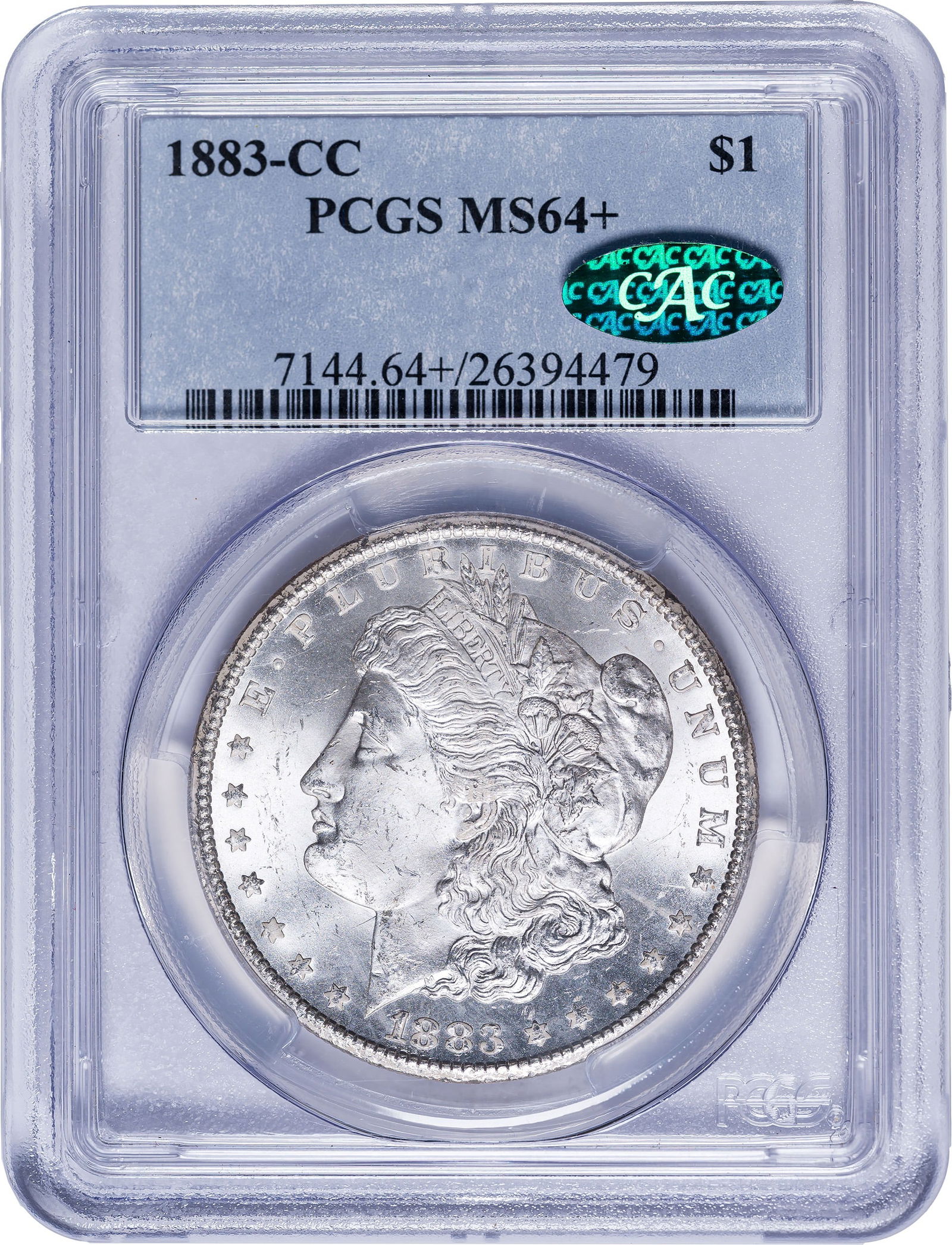 PCGS MS-64+ CAC 1883-CC Morgan Dollar: Sharp, bright, and lustrous, with visuals that provide a specimen equal to many MS-65 pieces in the marketplace.