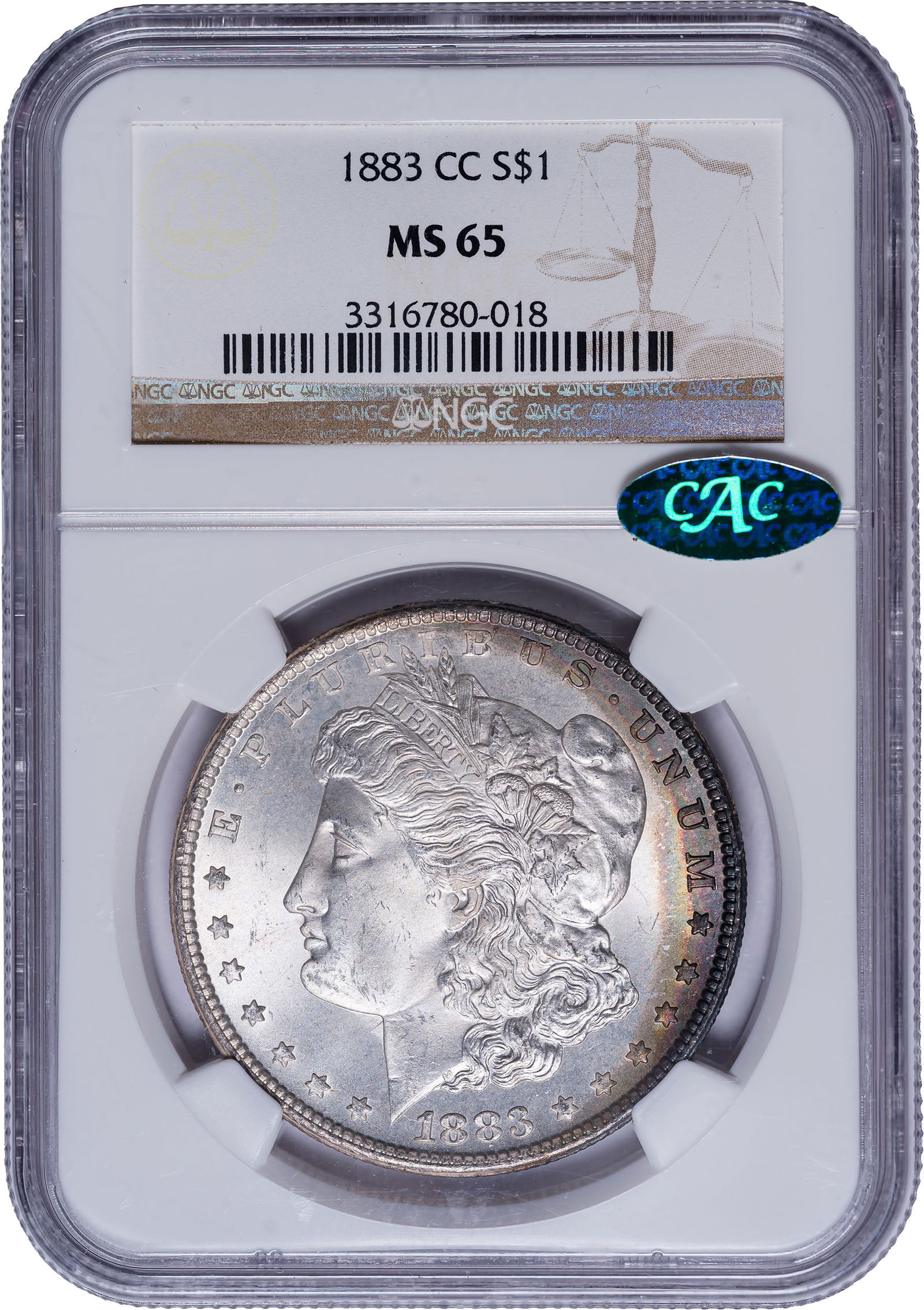 NGC MS-65 CAC 1883-CC Morgan Dollar: Frosty, sharp, and bright, with peripheral toning at the right rim on each side. Choice physically and aesthetically.