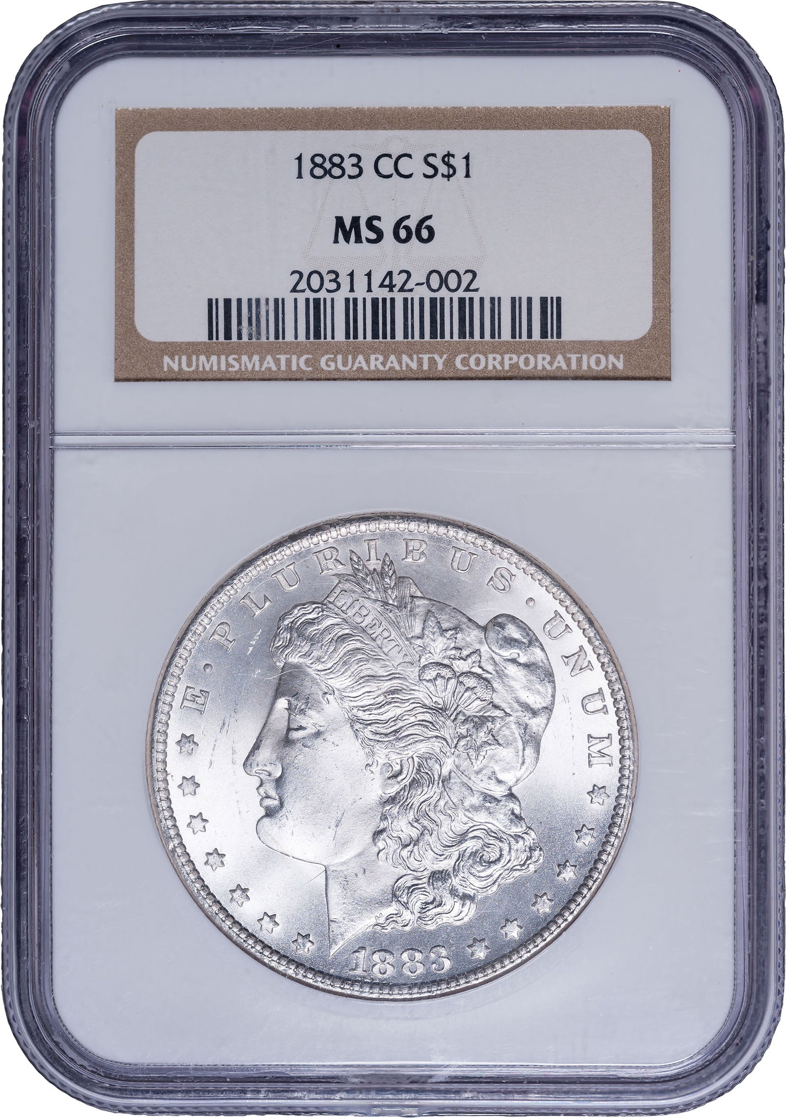 NGC MS-66 1883-CC Morgan Dollar: A splendid Gem, fully brilliant and intensely lustrous. The sort of MS-66 coin that causes one to wonder "why not MS-67?"