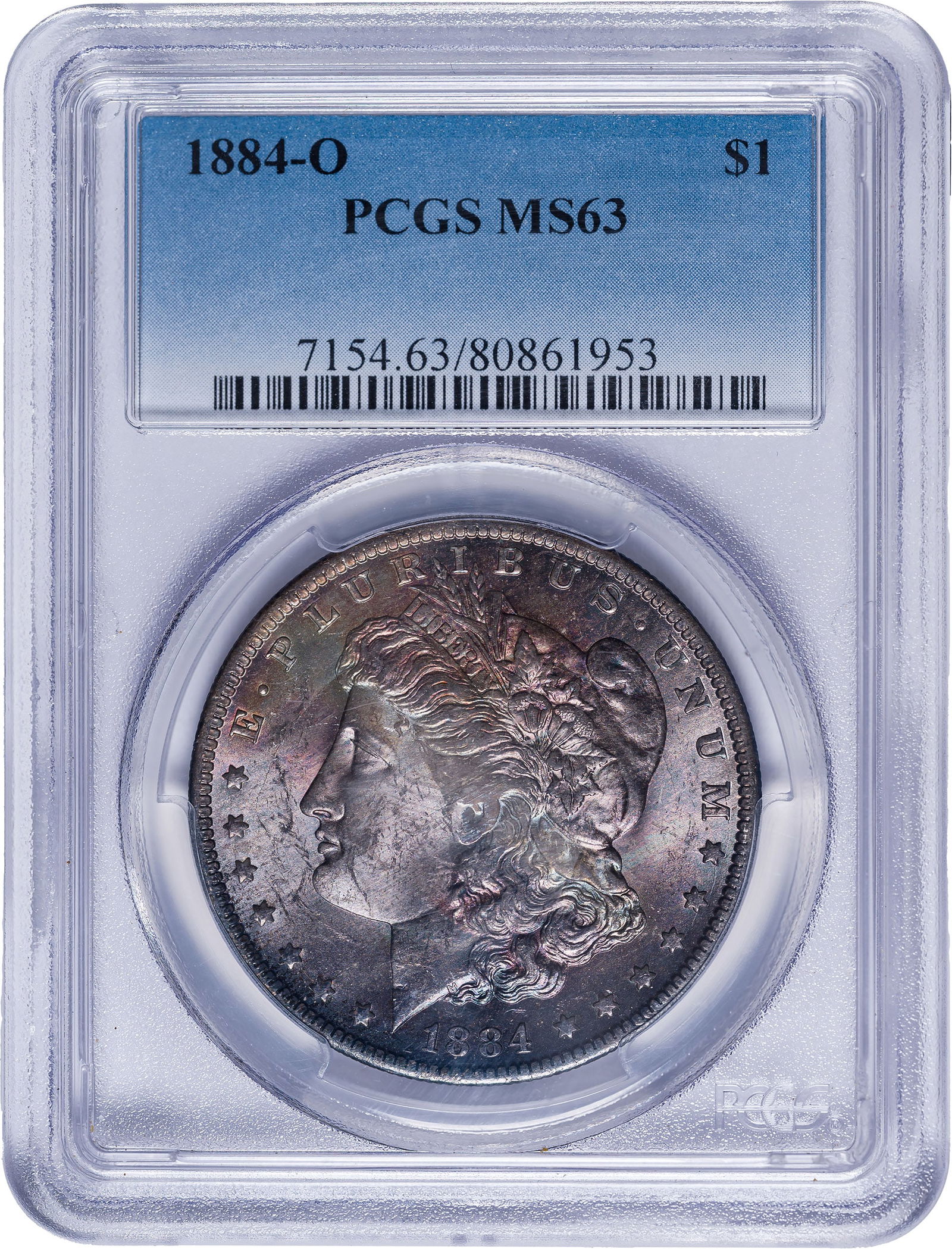 PCGS MS-63 Toned 1884-O Morgan Dollar: Lustrous with sultry gray-blue and rose iridescence throughout.