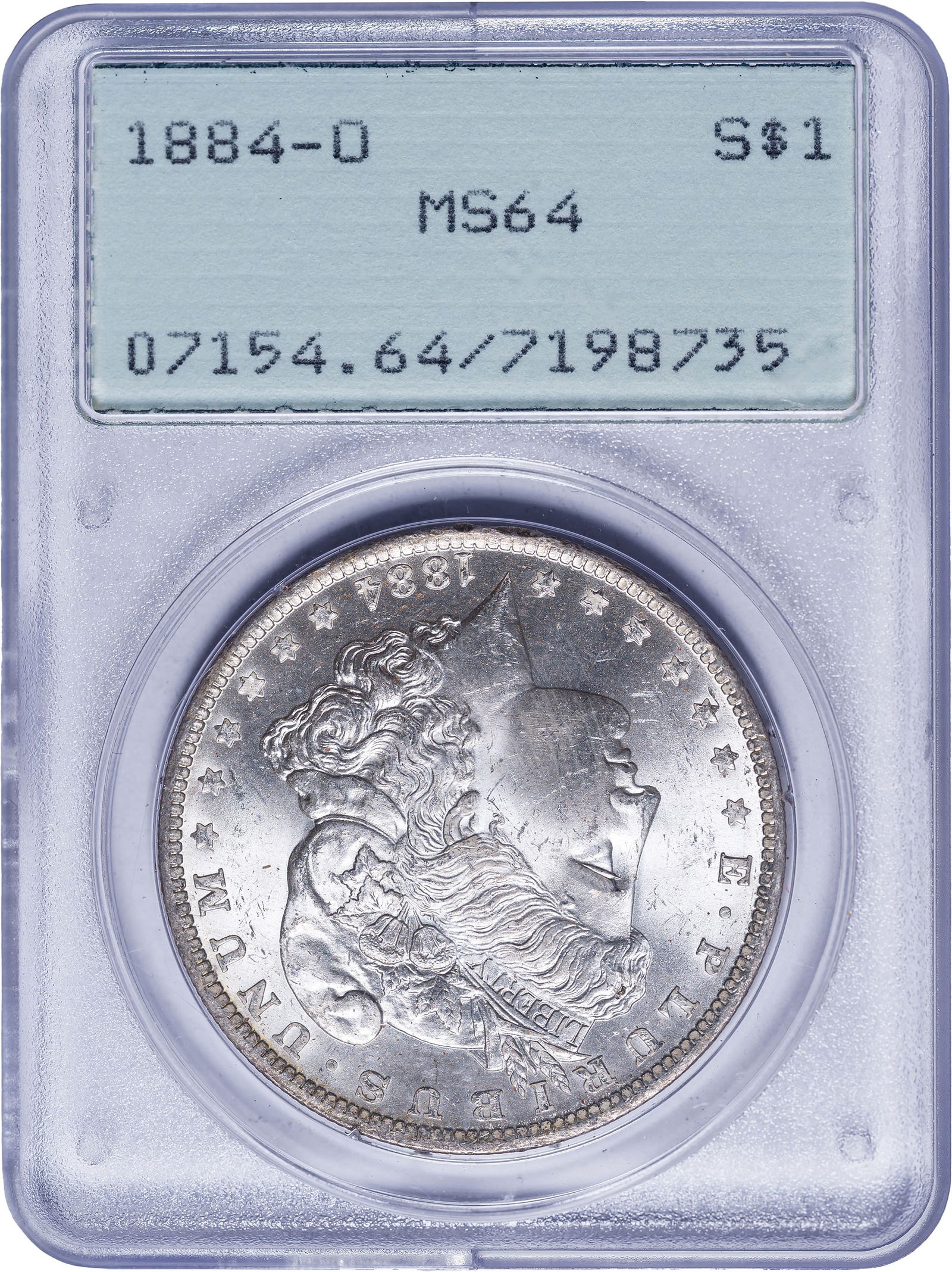 PCGS MS-64 1884-O Morgan Dollar: A satiny and boldly lustrous beauty that can readily measure up to many of the MS-65 pieces extant today. In an old-style green label PCGS "Rattler" holder.