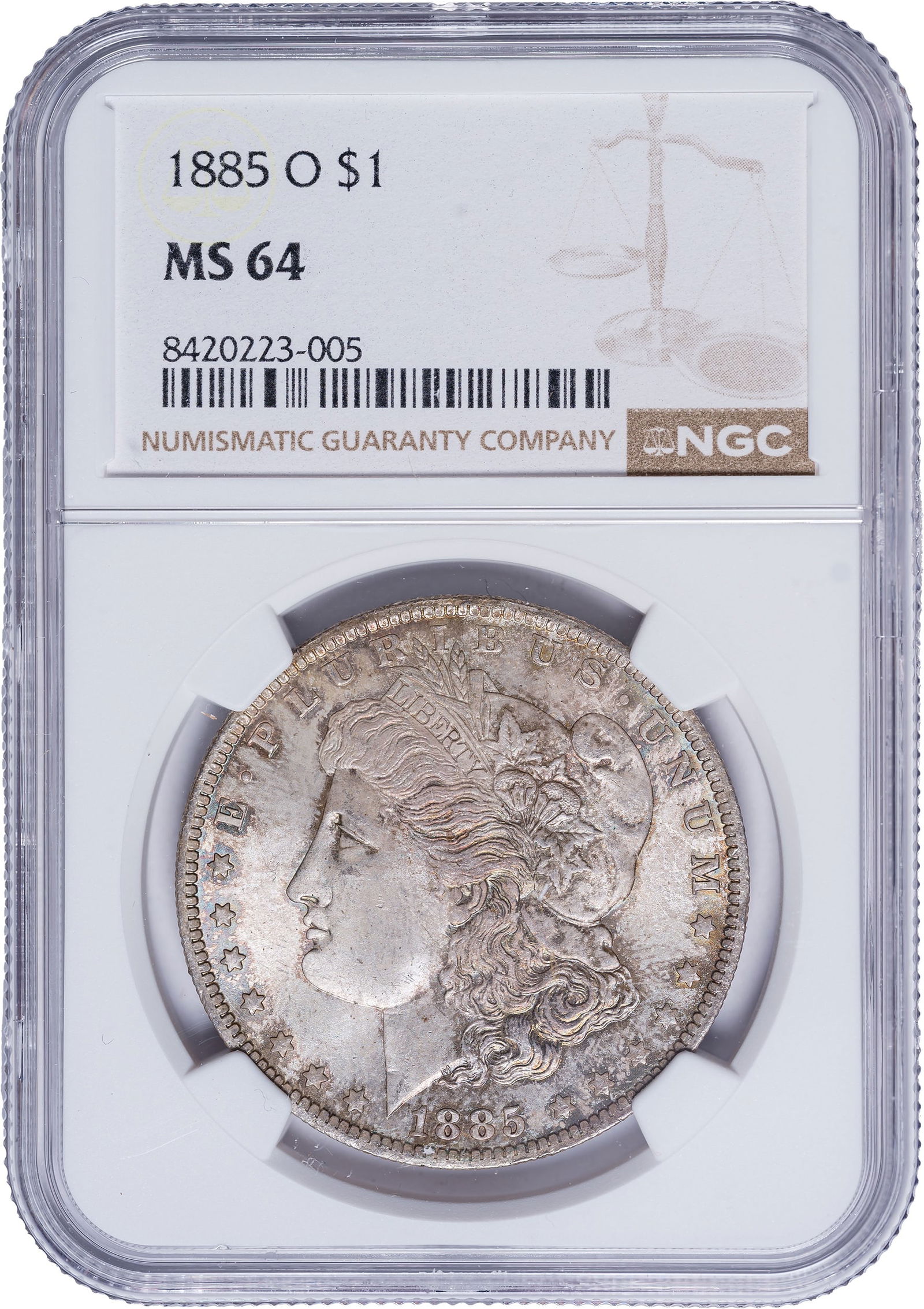 NGC MS-64 1885-O Morgan Dollar: Lightly toned and equal to some gems.