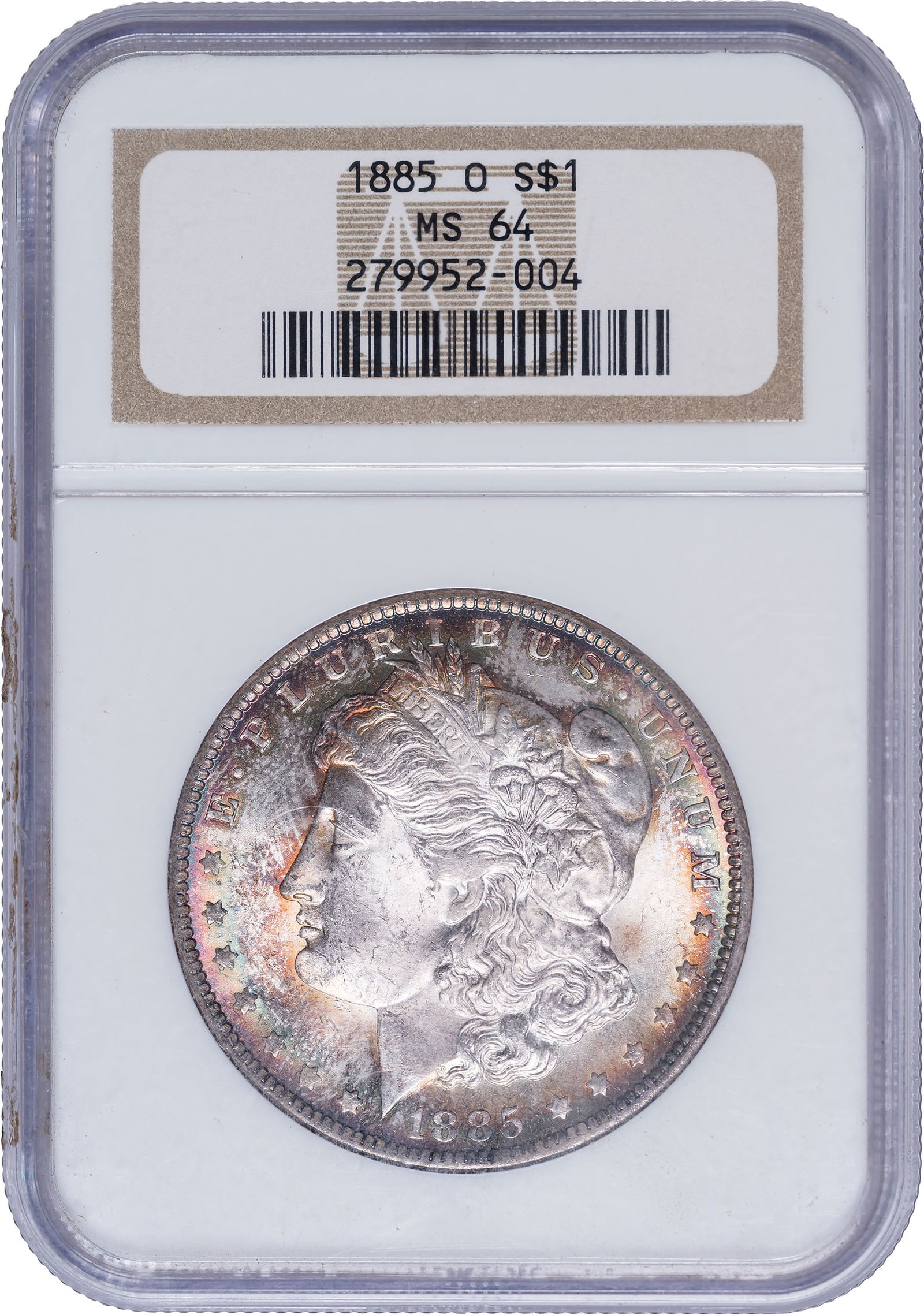 NGC MS-64 Toned 1885-O Morgan Dollar: Satiny and lustrous with lively gold and blue iridescence at the rims.