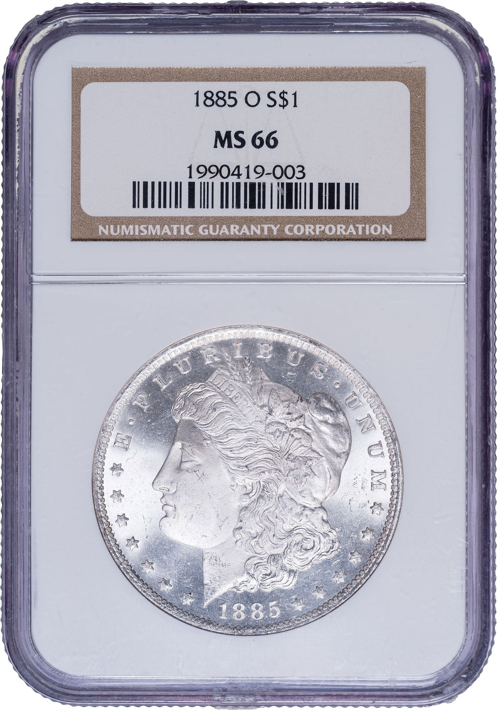 NGC MS-66 1885-O Morgan Dollar: Frosty and brilliant, and decidedly PL to our eyes.