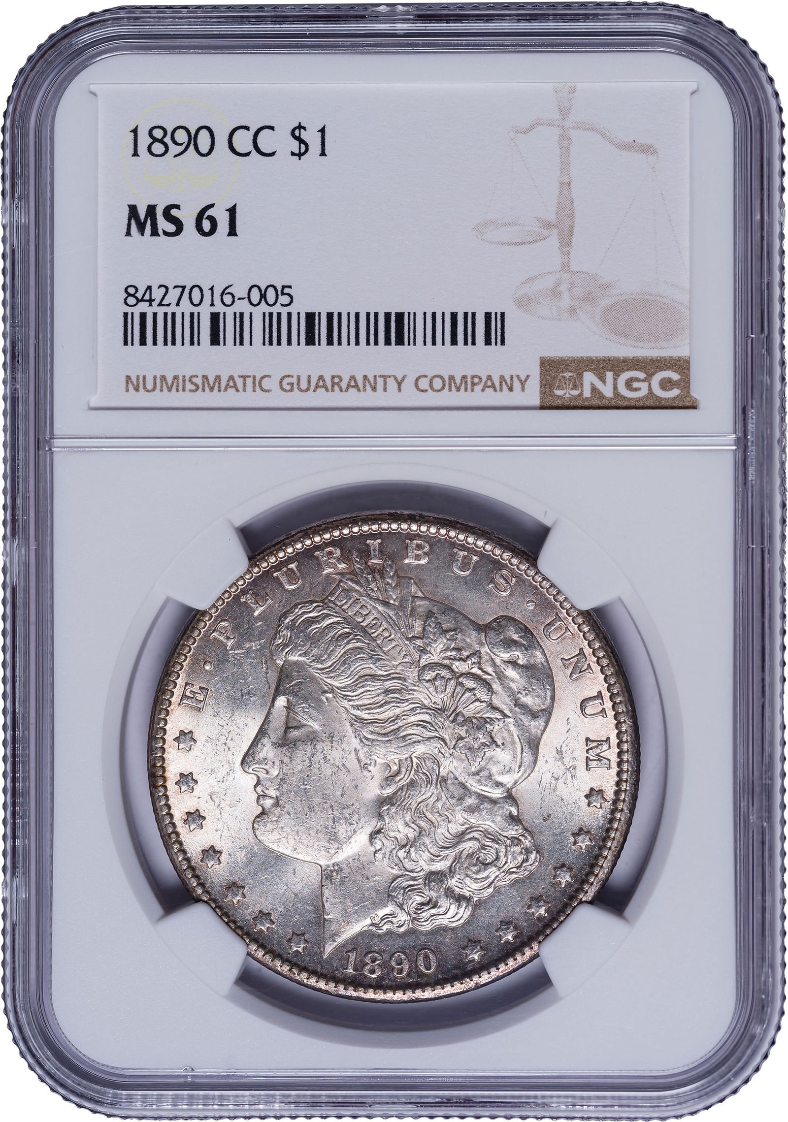 NGC MS-61 1890-CC Morgan Dollar: Satiny and lustrous, with a pale rose-gold sheen throughout. Visually finer than the grade implies.