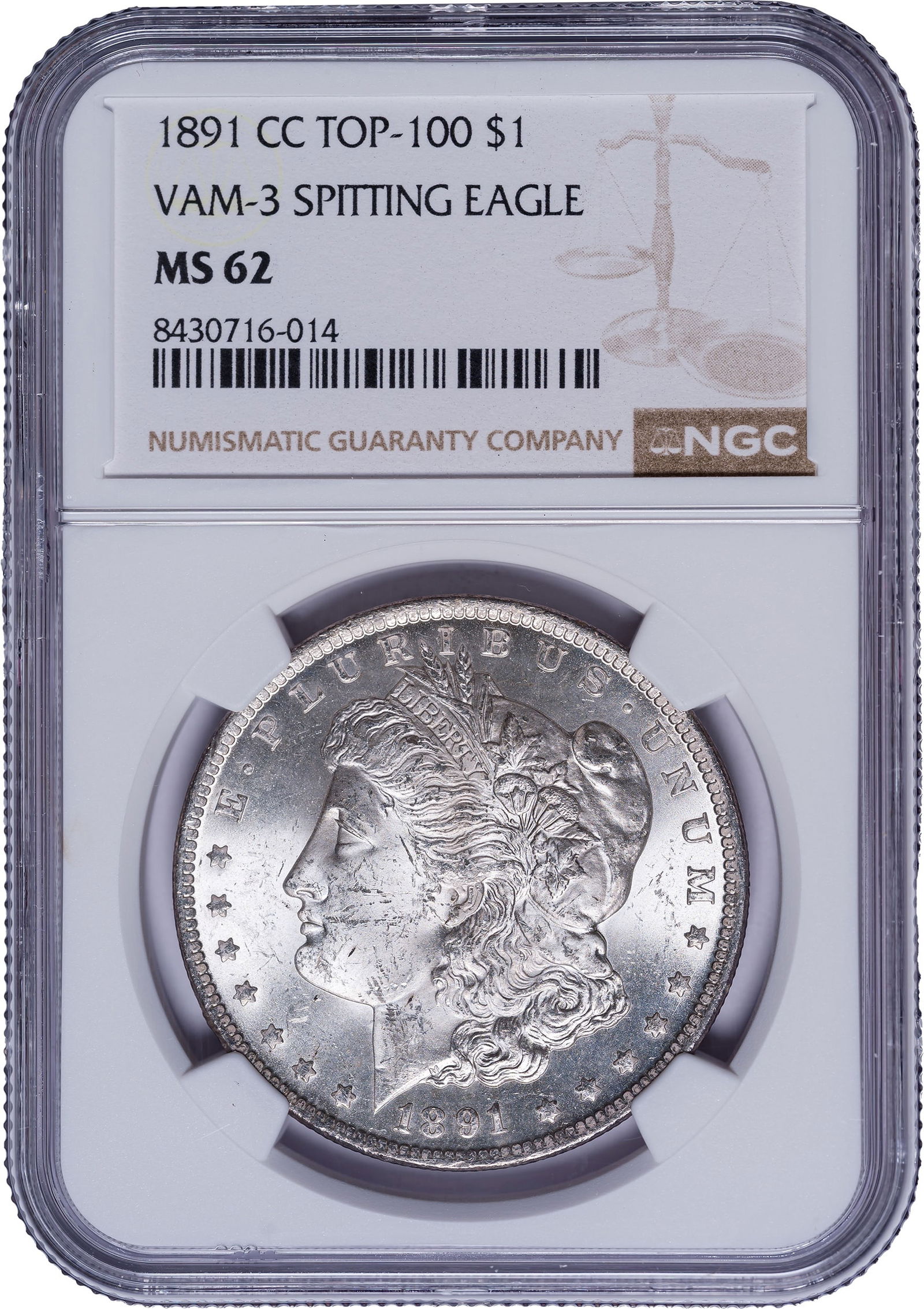 NGC MS-62 1891-CC Morgan Dollar: Spitting Eagle variety. VAM-3. Bright and lustrous, and just a tiny obverse mark or two from a far finer grade. This variety gets its "expectorating raptor" moniker from a die chip at the tip of the