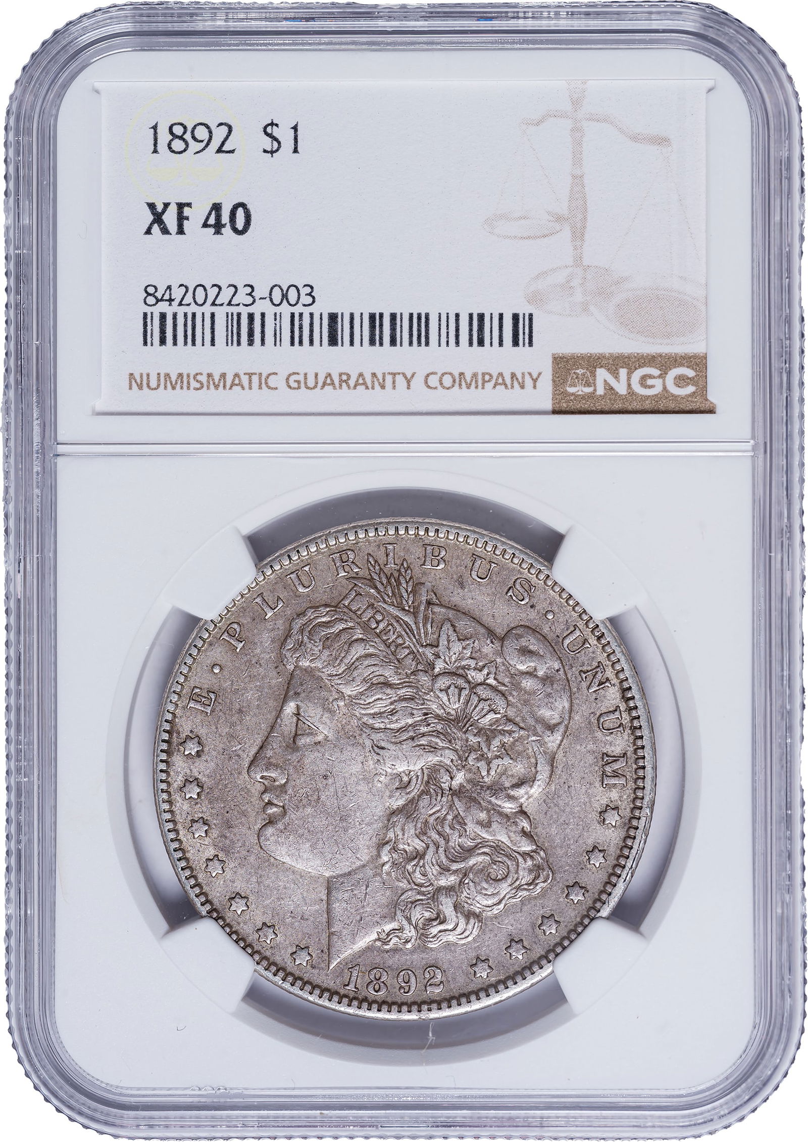 NGC EF-40 1892 Morgan Dollar: Choice for the grade with a good amount of mint luster still present.
