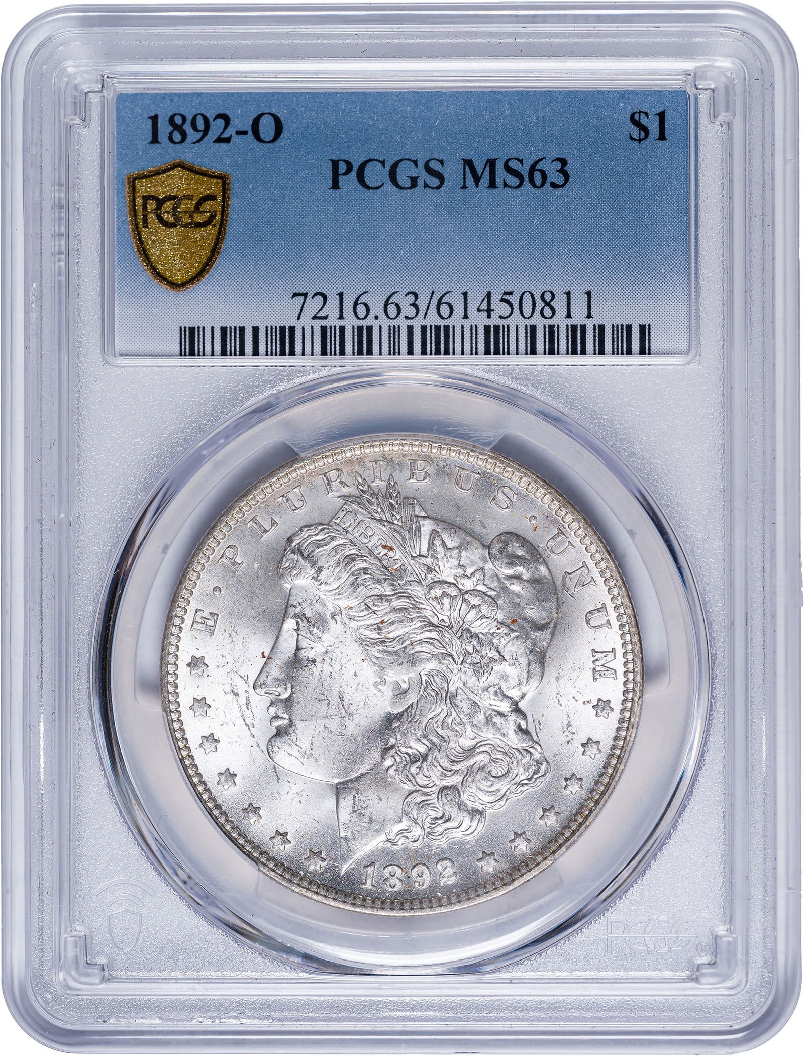 PCGS MS-63 1892-O Morgan Dollar: Brilliant, sharp, and lustrous, with some colorful golden highlights at the reverse rim.