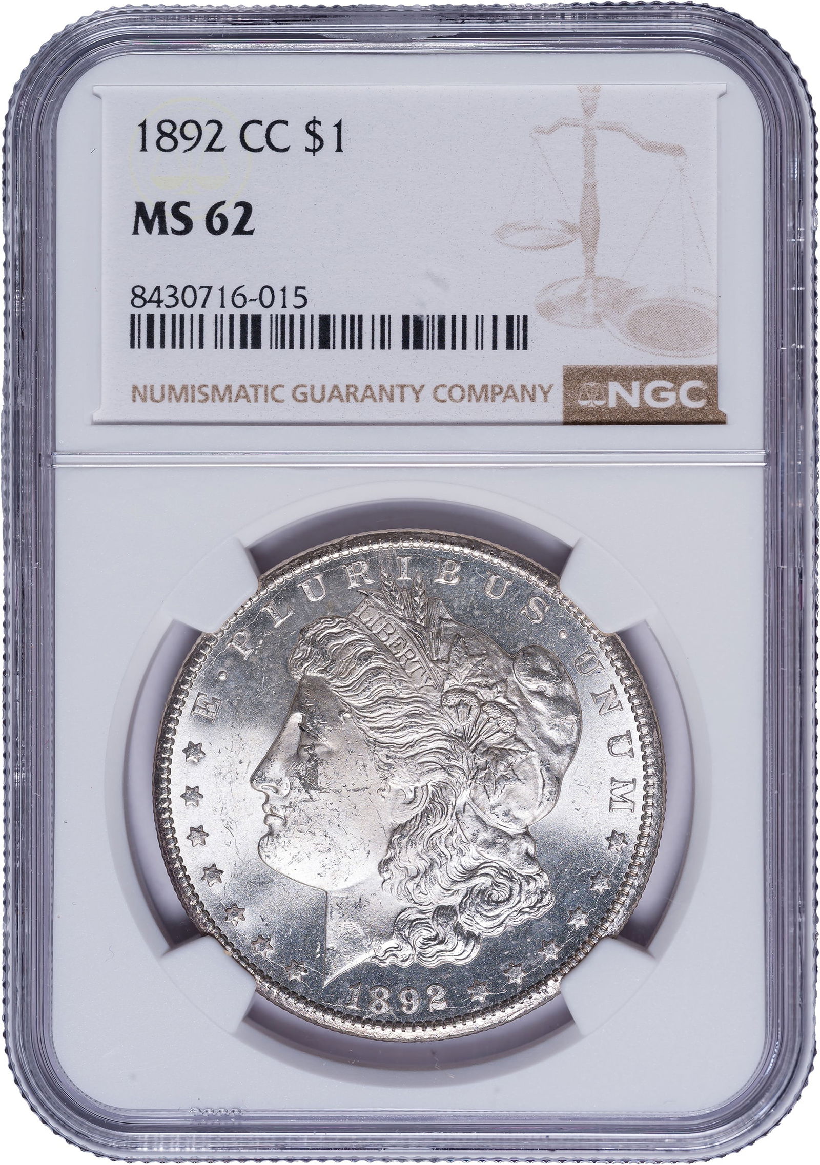 NGC MS-62 1892-CC Morgan Dollar: Satiny, brilliant, and lustrous, and somewhat PL on the reverse. An exceptional coin for the grade -- it may just as well be in a MS-63 holder.