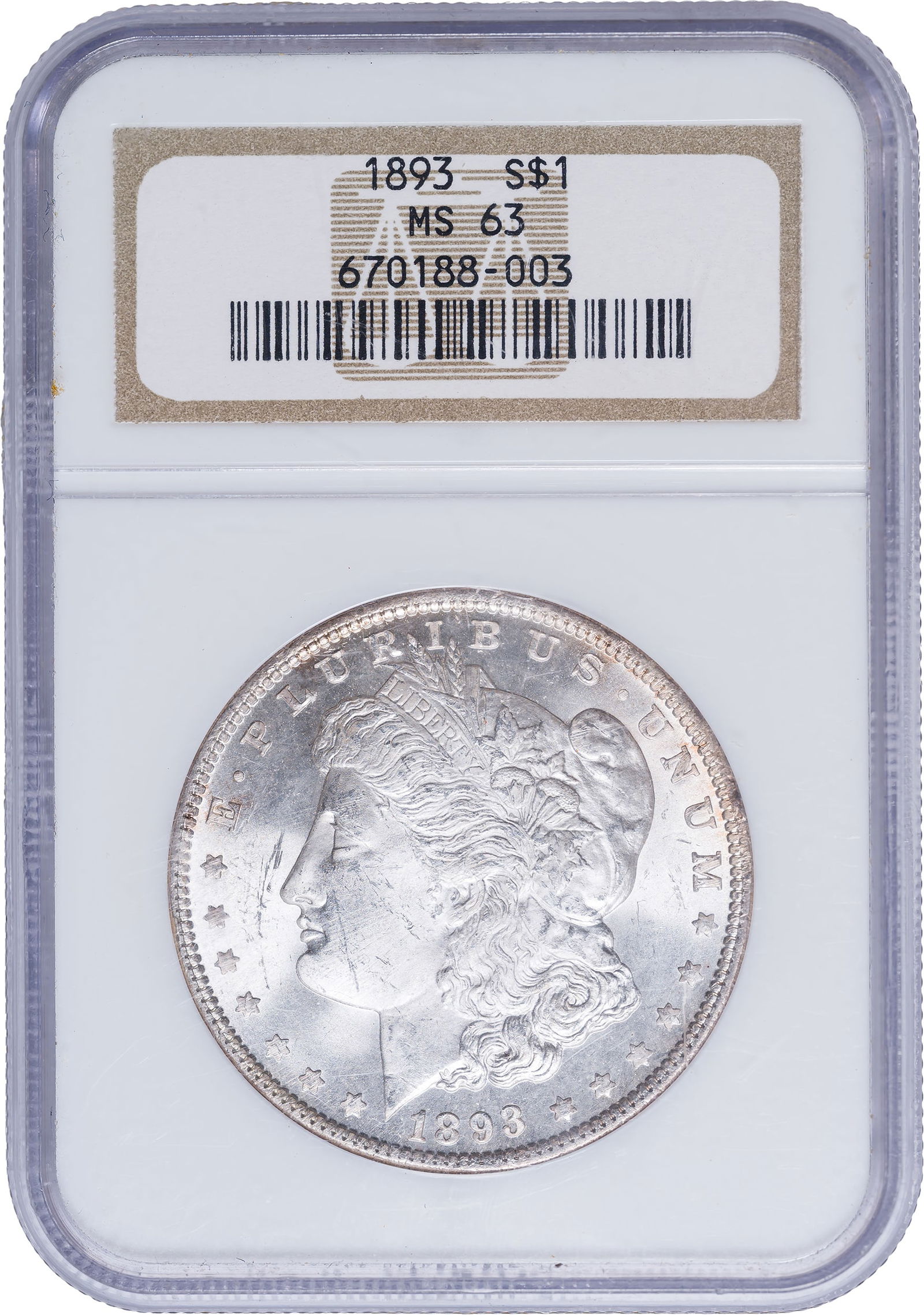 NGC MS-63 1893 Morgan Dollar: Brilliant with excellent cartwheel luster.
