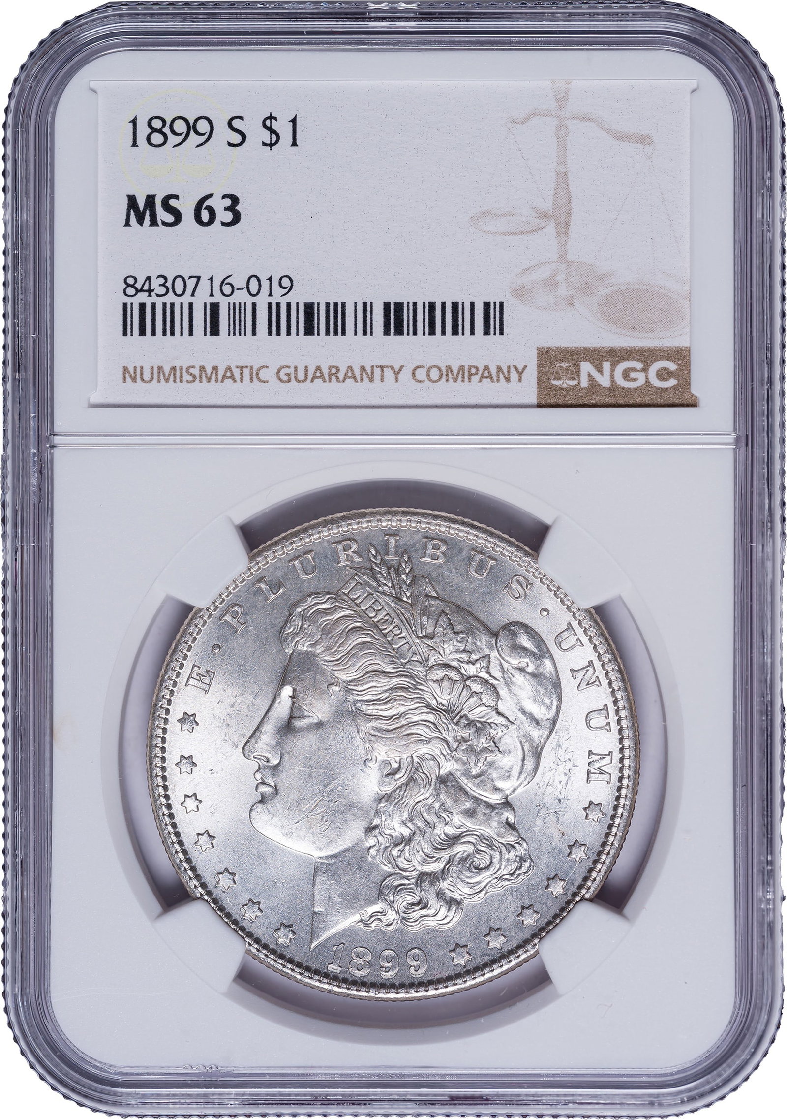 NGC MS-63 1899-S Morgan Dollar: Bold cartwheel activity, brilliant with visual claims to a finer grade.