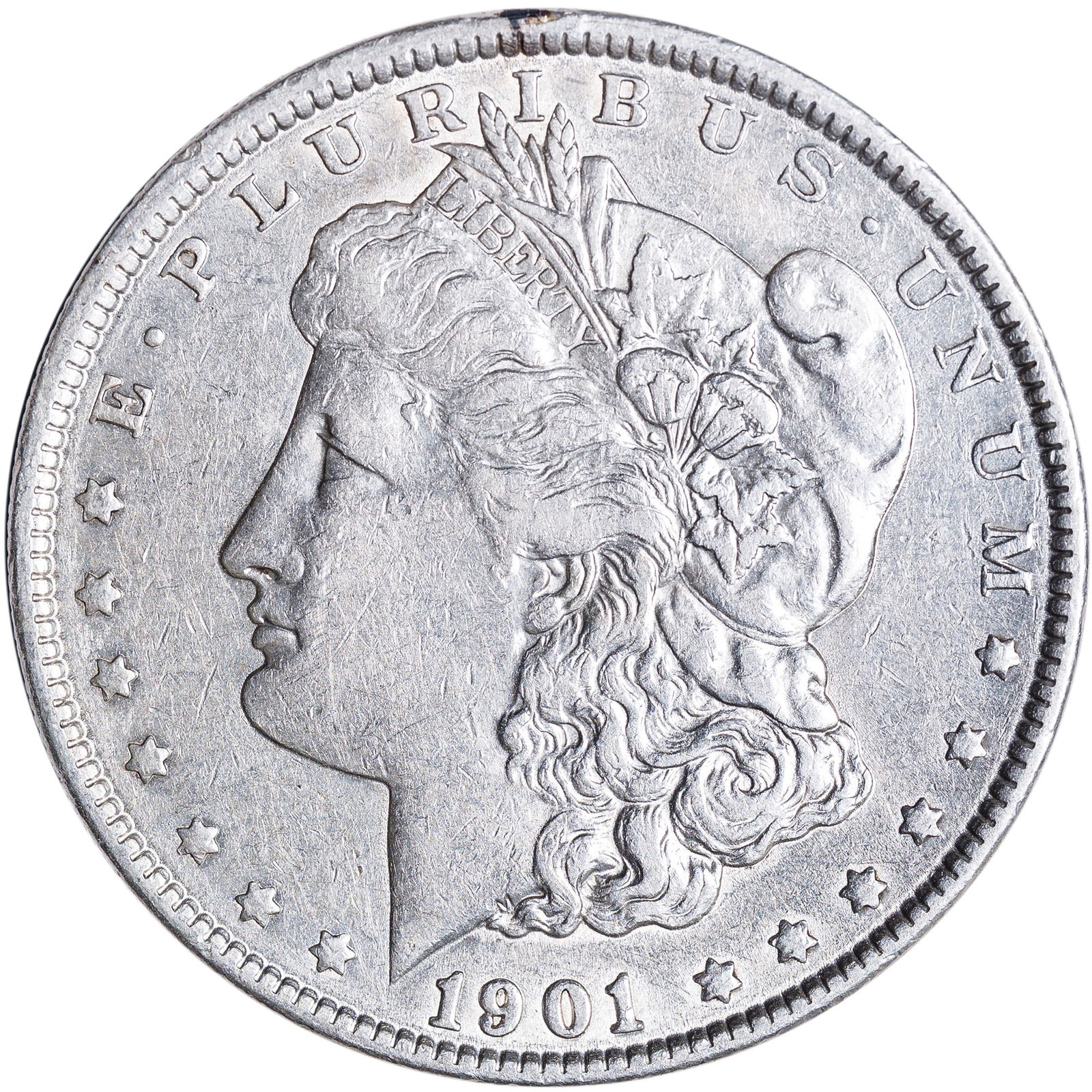 AU-50 Details 1901 Morgan Dollar: Faintly cleaned at some point, but with plenty of natural luster in the protected areas.