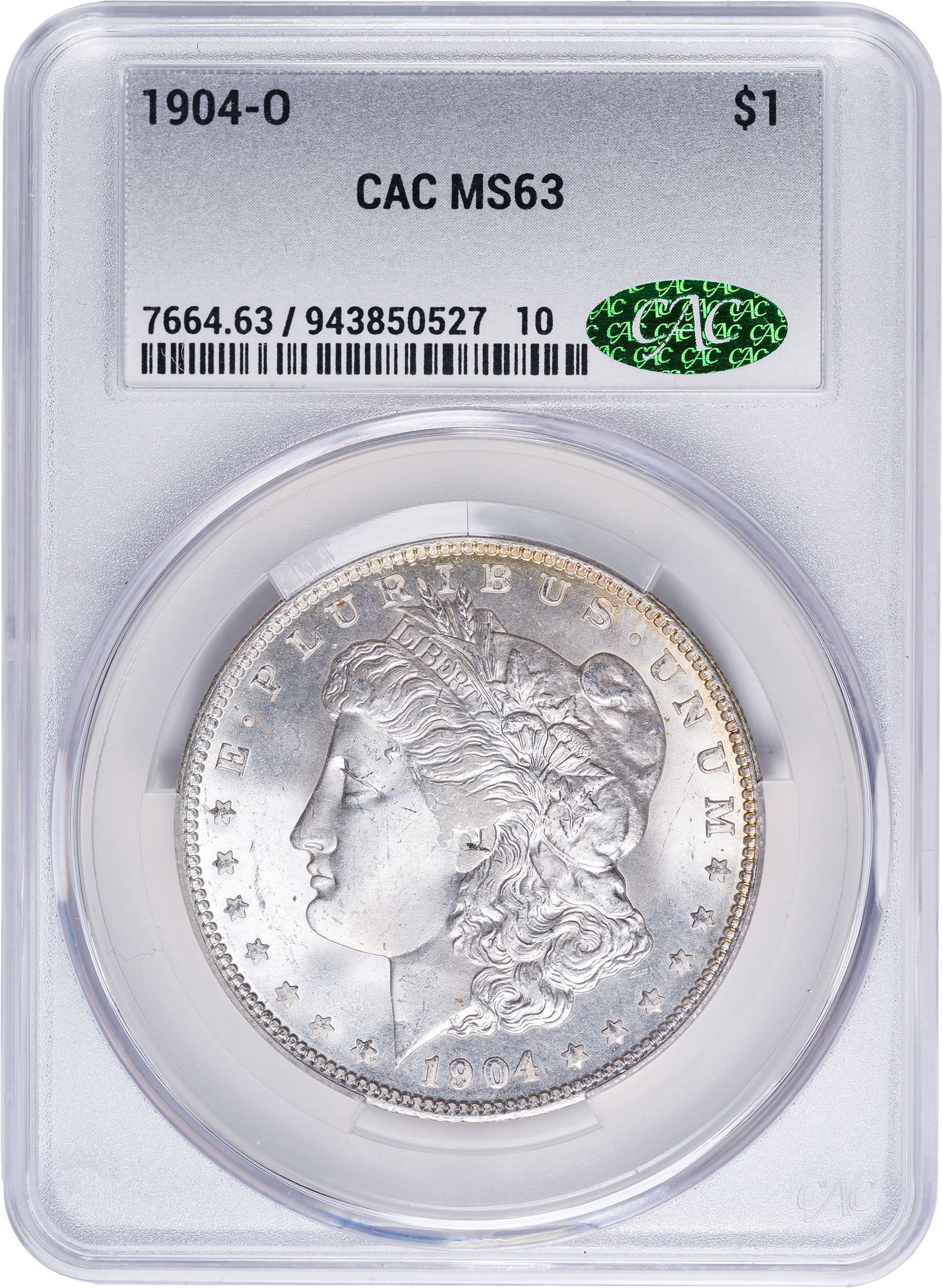 CACG MS-63 1904-O Morgan Dollar: Brilliant with satiny cartwheel luster.
