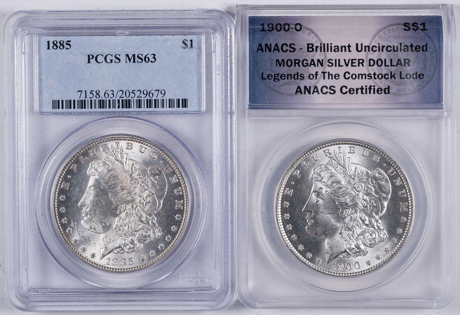 Certified Morgan Pair: Includes a PCGS MS-63 1885 and an ANACS BU 1900-O "Legends Of The Comstock Lode" (Total: 2 pcs)