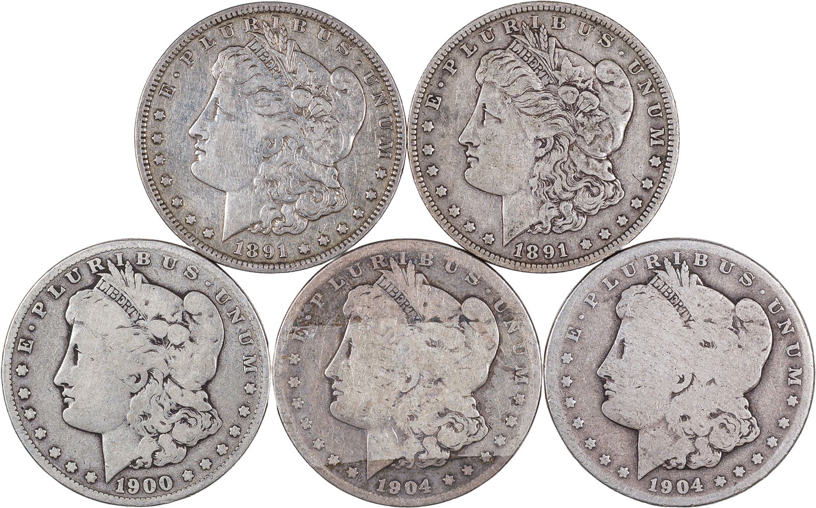 5 Mixed Morgan Dollars: Most are lower grades includes (2) 1904-S. (Total: 5 pcs)