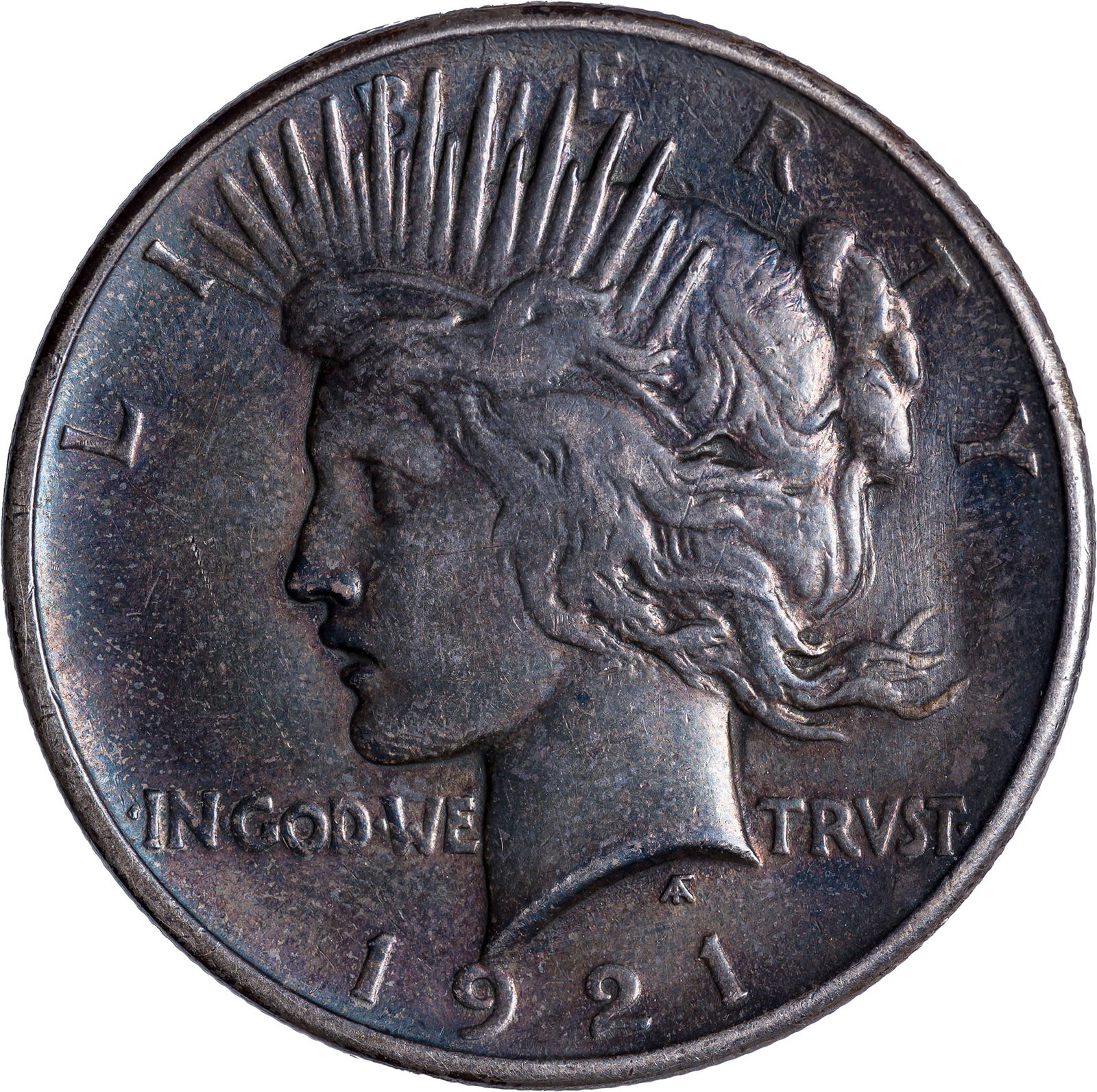 EF Details 1921 Peace Dollar: Cleaned long ago, but now shows a deep slate tone.