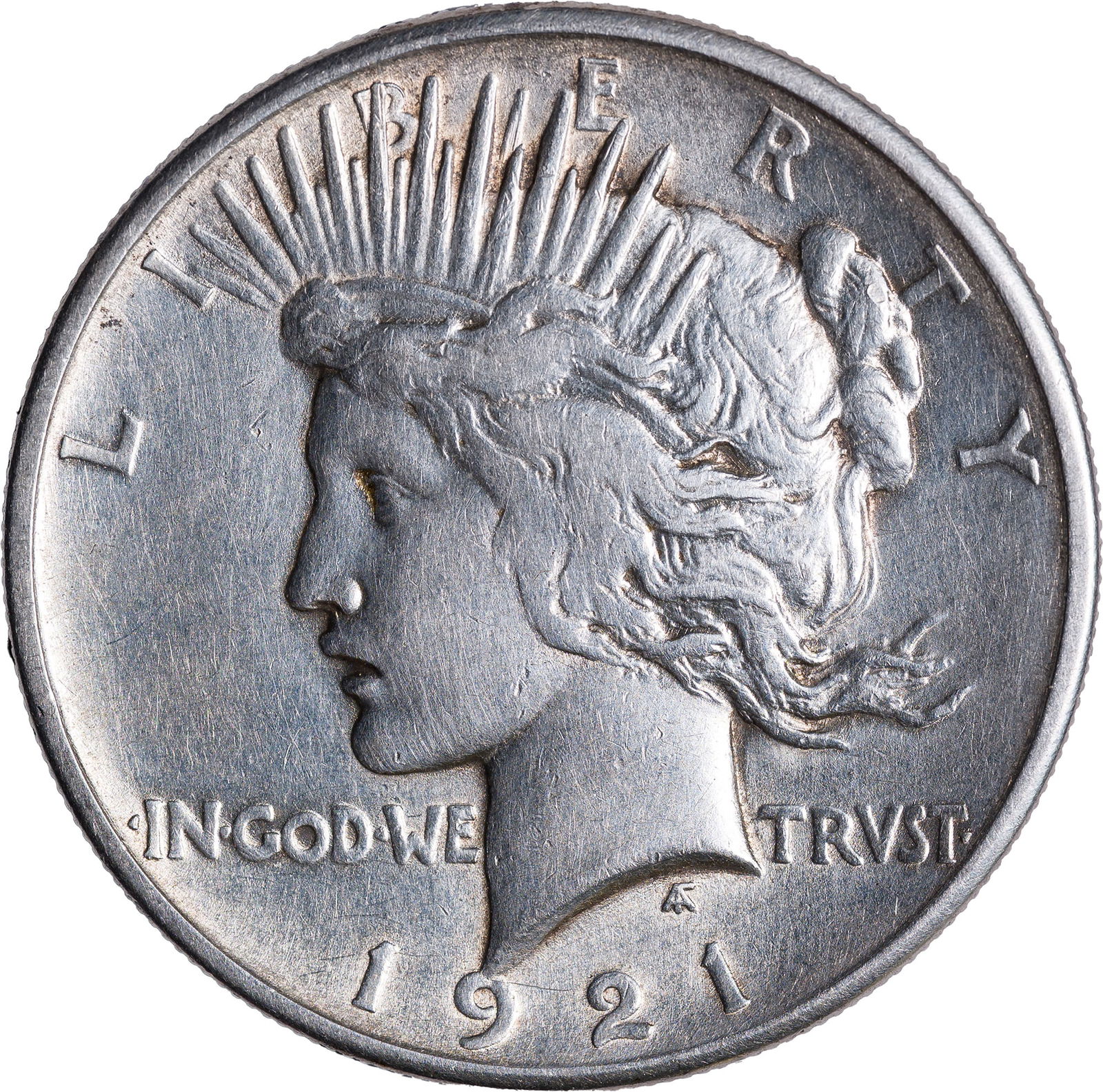 EF-45 Details 1921 Peace Dollar: Lustrous, but shows evidence of a past cleaning.