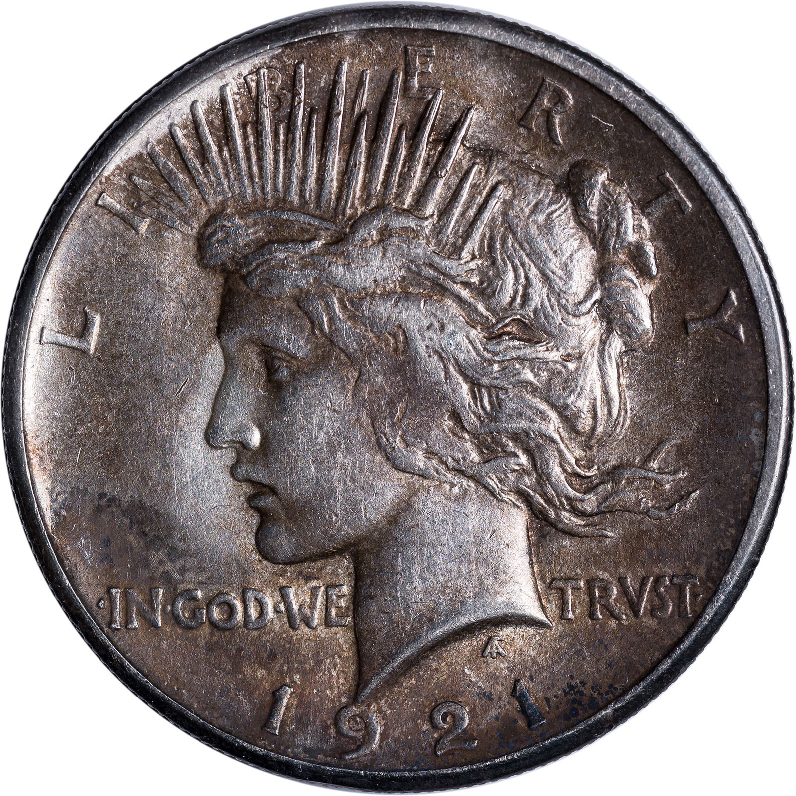 AU-50 1921 Peace Dollar: Show some somewhat mottled tone.