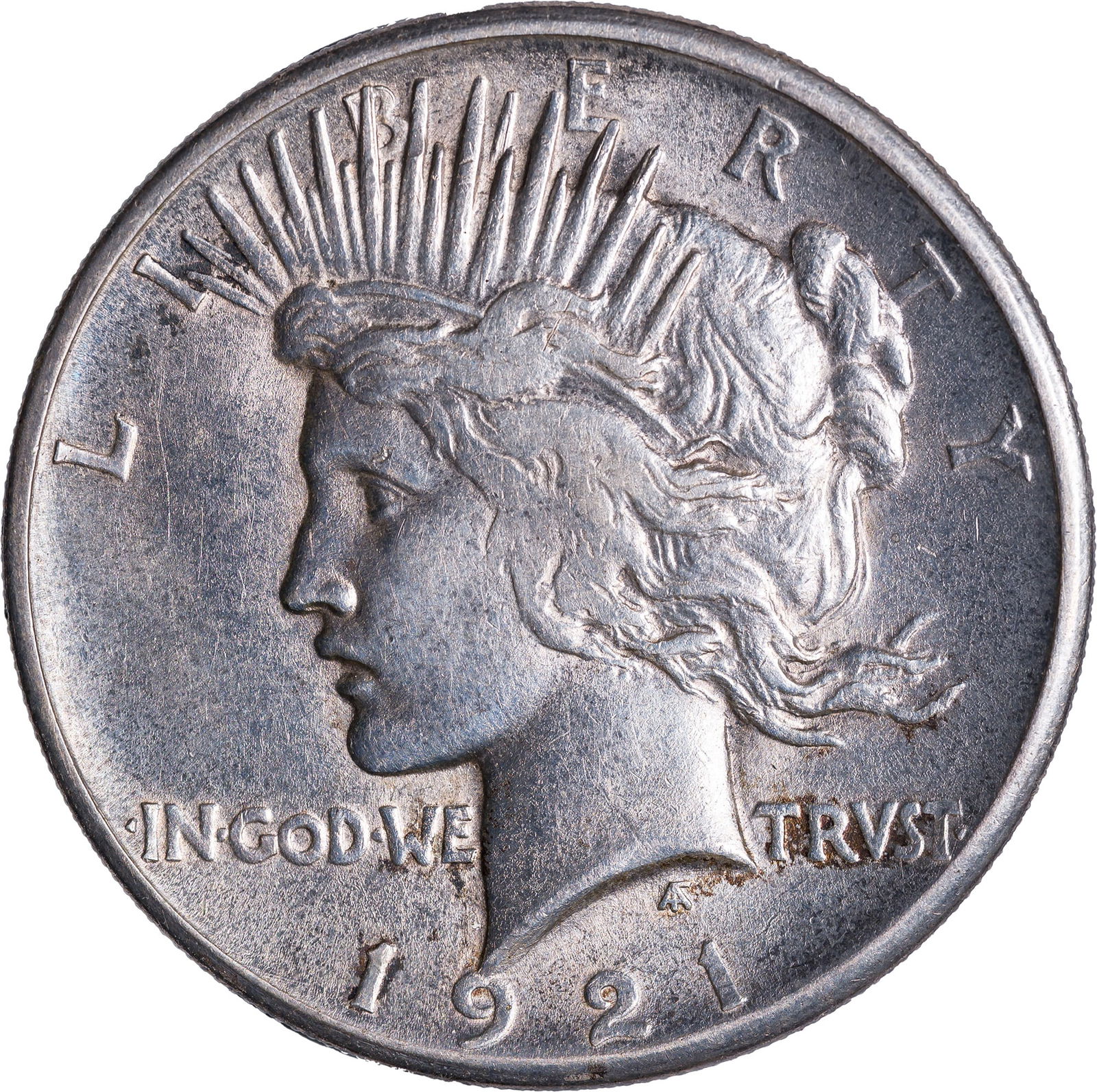 AU-50+ 1921 Peace Dollar: Lustrous with a mostly medium grey tone.