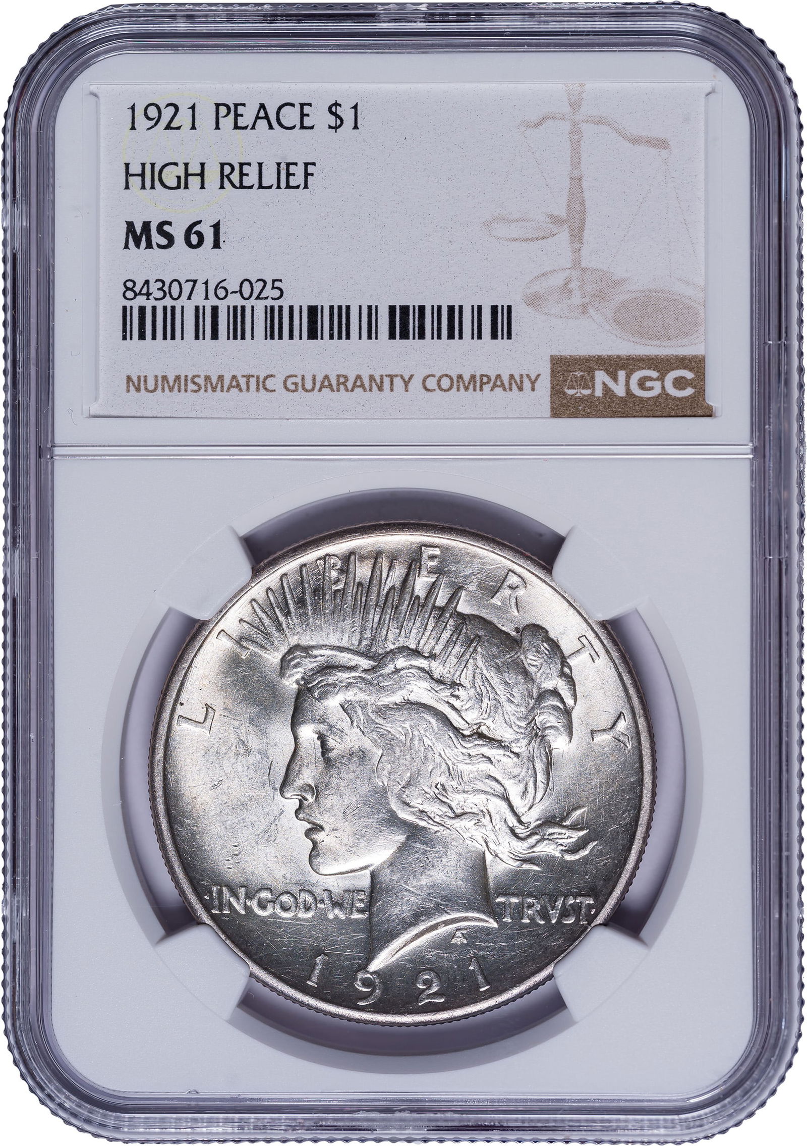 NGC MS-61 1921 Peace Dollar: High Relief. Bright and lustrous with far more eye appeal than the grade suggests. We could add a grading point to this and not disturb the status quo.