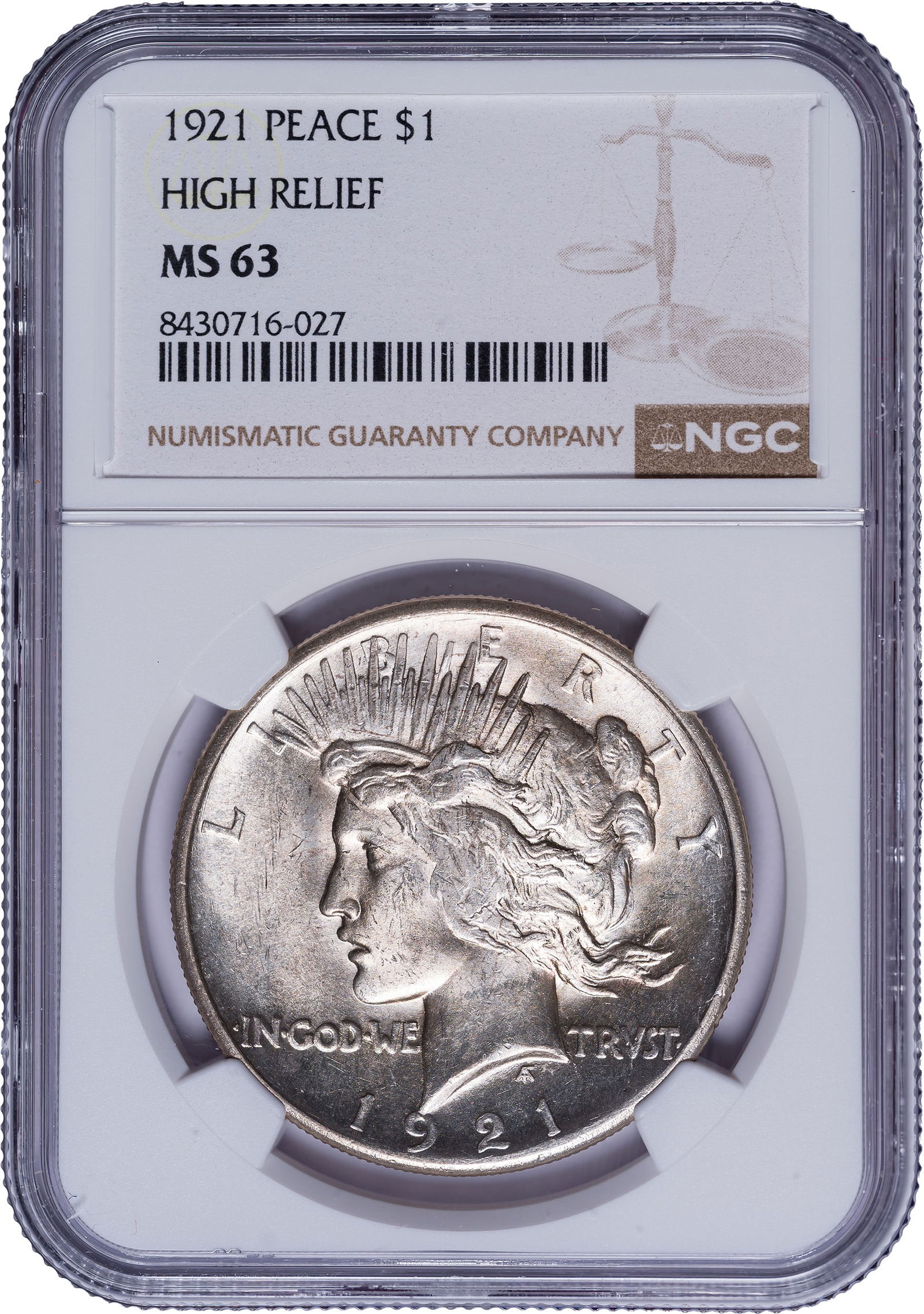 NGC MS-63 1921 Peace Dollar: High Relief. Bright, sharp, and lustrous. Choice for the grade with all the attributes you might expect for the grade and issue.