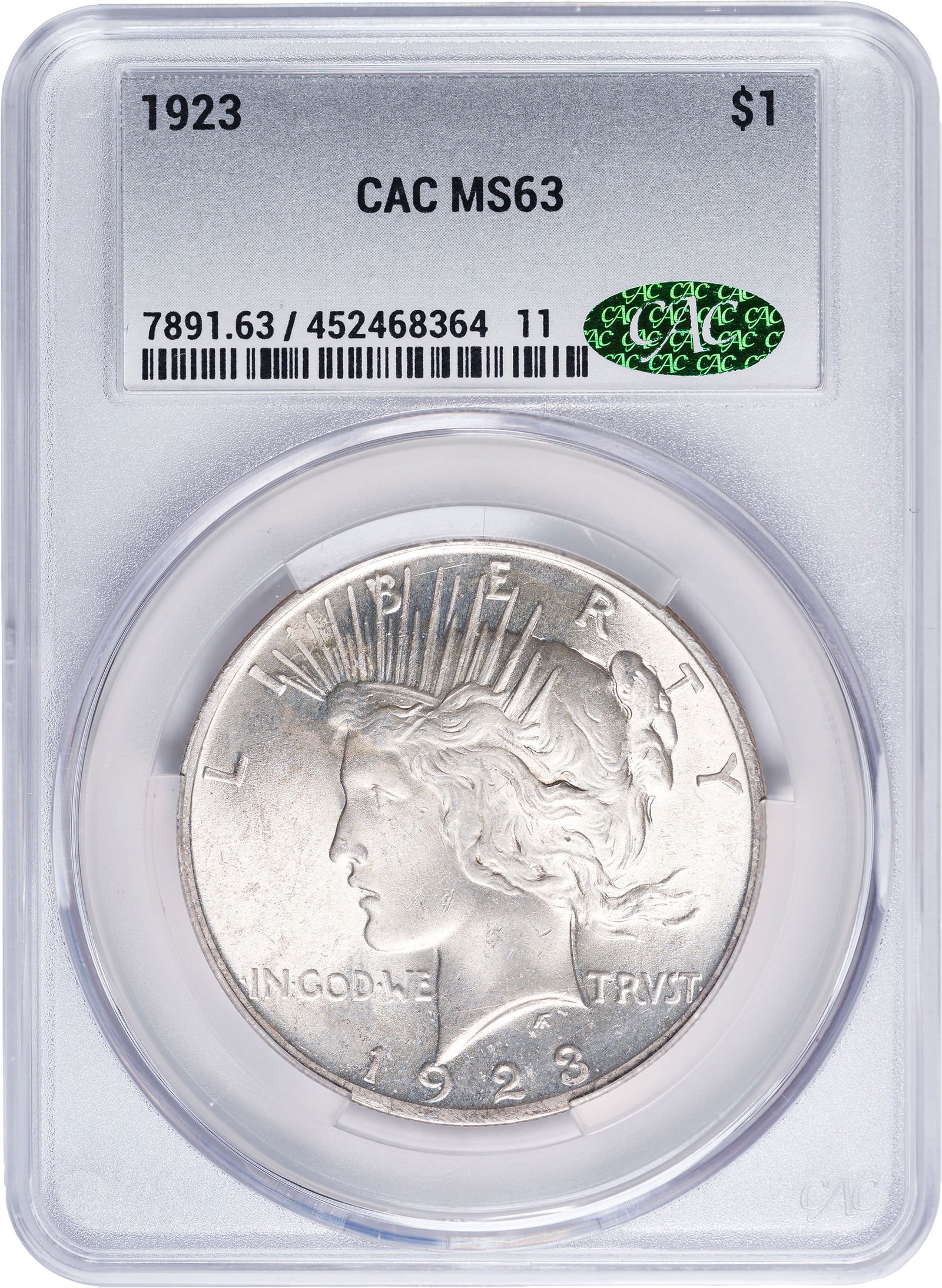 CACG MS-63 1923 Peace Dollar: Brilliant and choice for the grade.