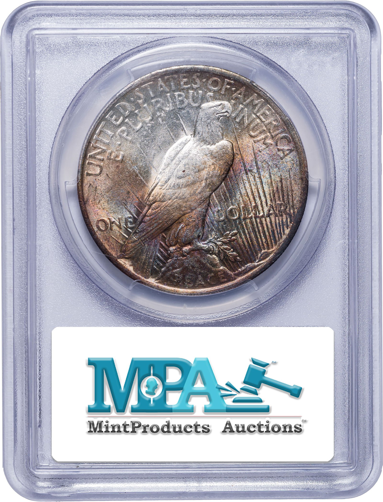 PCGS MS-62 Toned 1923 Peace Dollar: Bursts of crimson, blue, rose, and gold adorn both sides of this lustrous dollar.