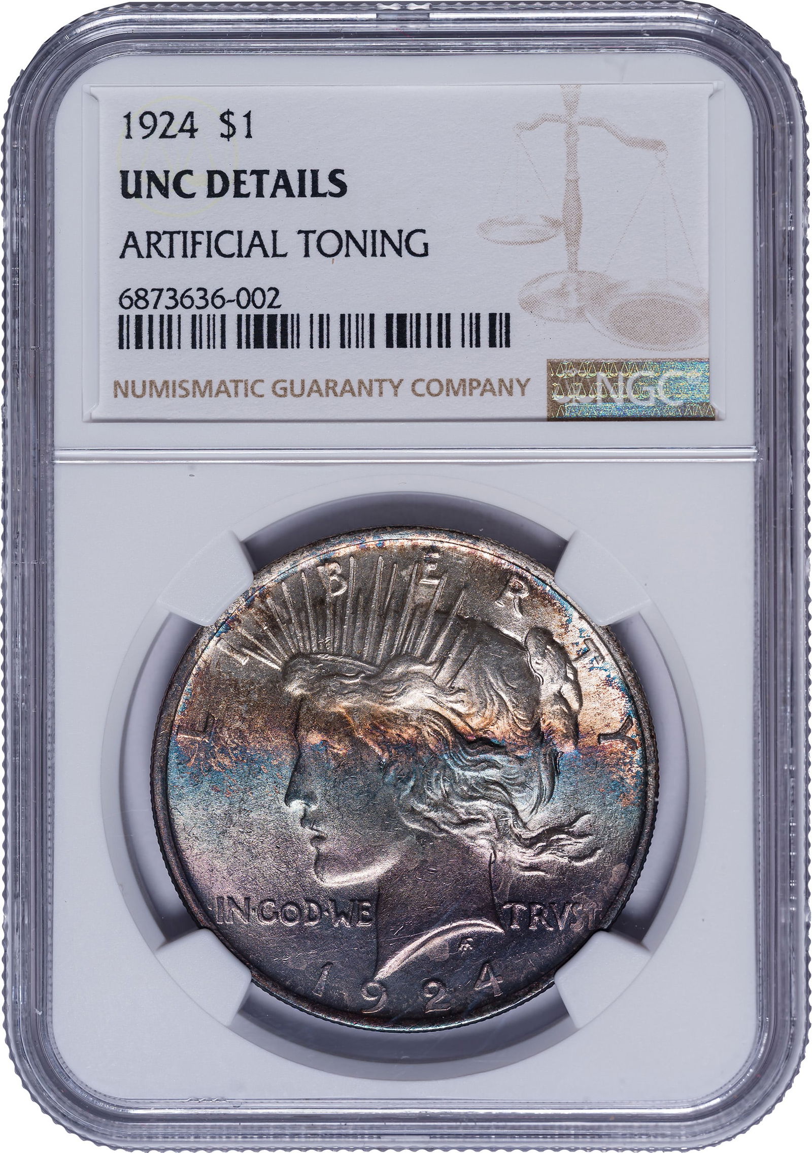 NGC Unc Details 1924 Peace Dollar: Artificial Toning. Lustrous with rainbow details on both sides. It's your call as to whether it's AT or not.