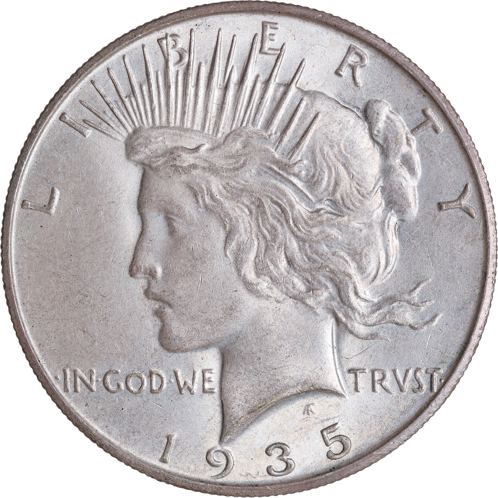 Choice AU-55 1935-S Peace Dollar: Lustrous and original.