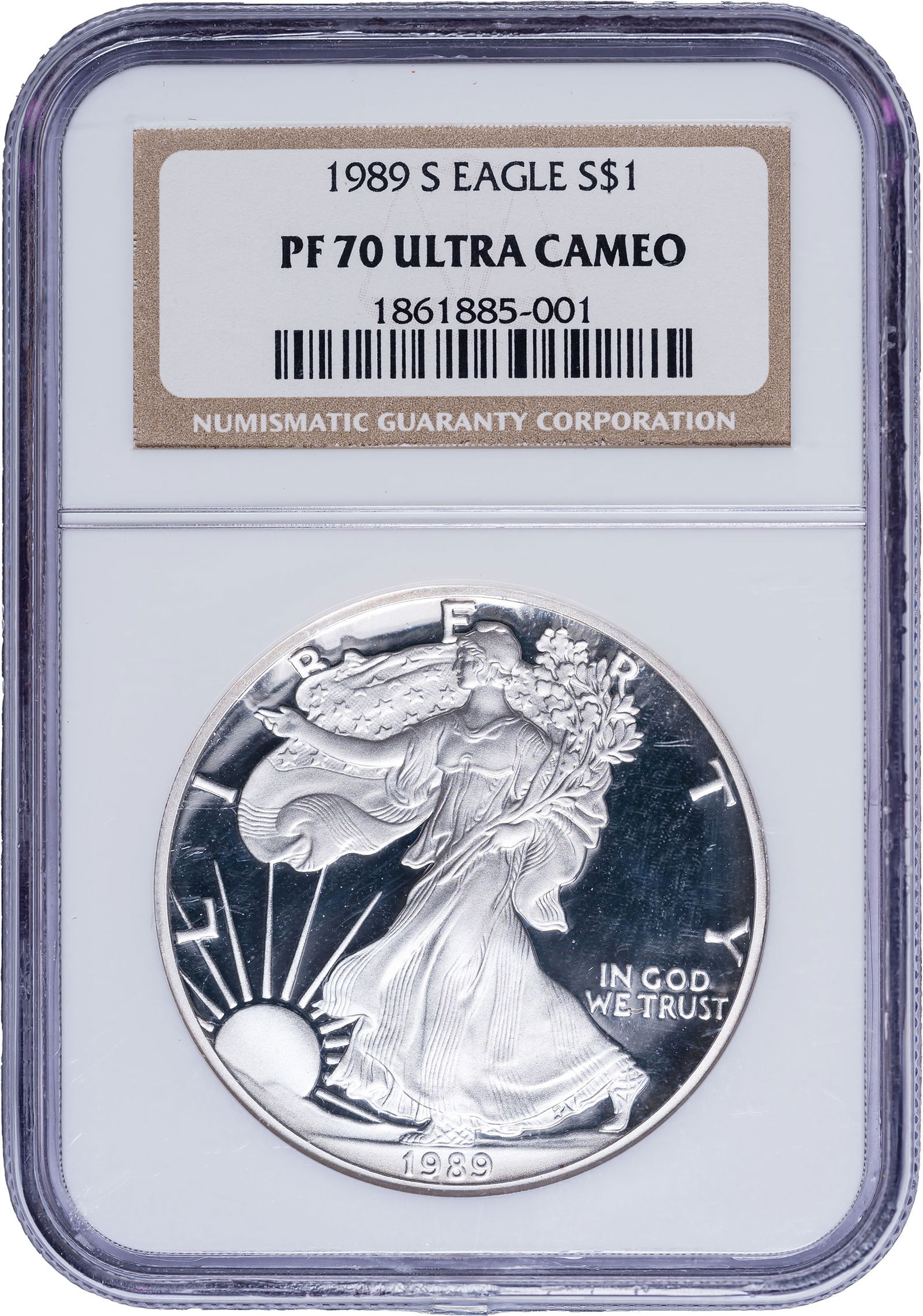 NGC Proof-70 UC 1989-S American Eagle $1: A bright and glorious Cameo coin, as struck.