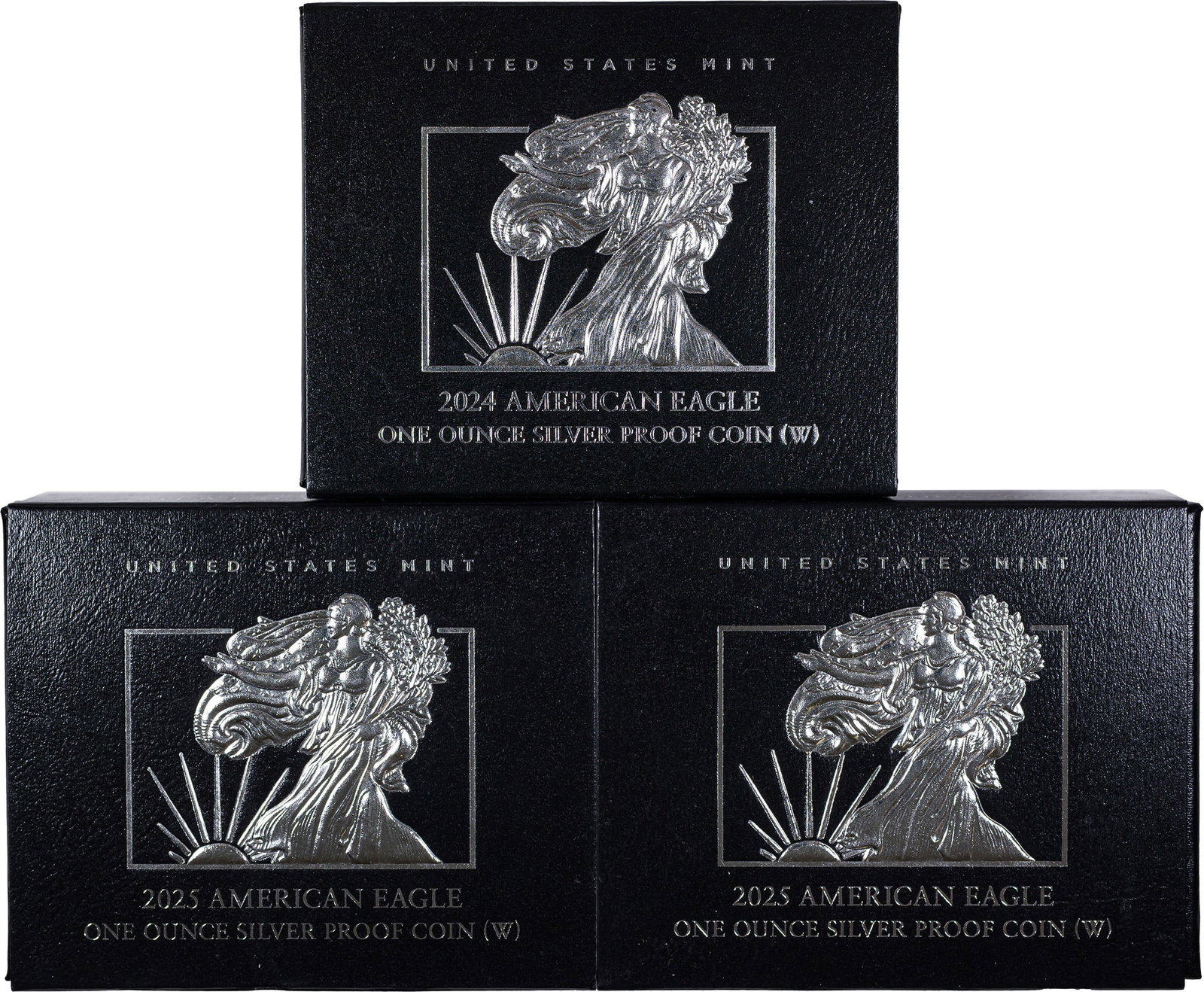 Trio Of Proof Silver Eagles: Includes a 2024 and (2) 2025. Both are housed in OGP. (Total: 3 pcs)
