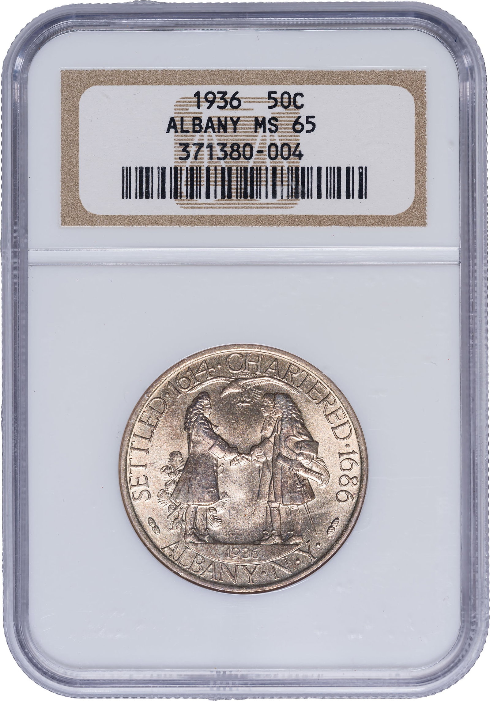 NGC MS-65 1936 Albany Half Dollar: Highly lustrous pale champagne-gold surfaces. There were Dutch and Swedish farmsteads in and around the Albany, New York area for more than a decade before the Pilgrims landed in Massachusetts,