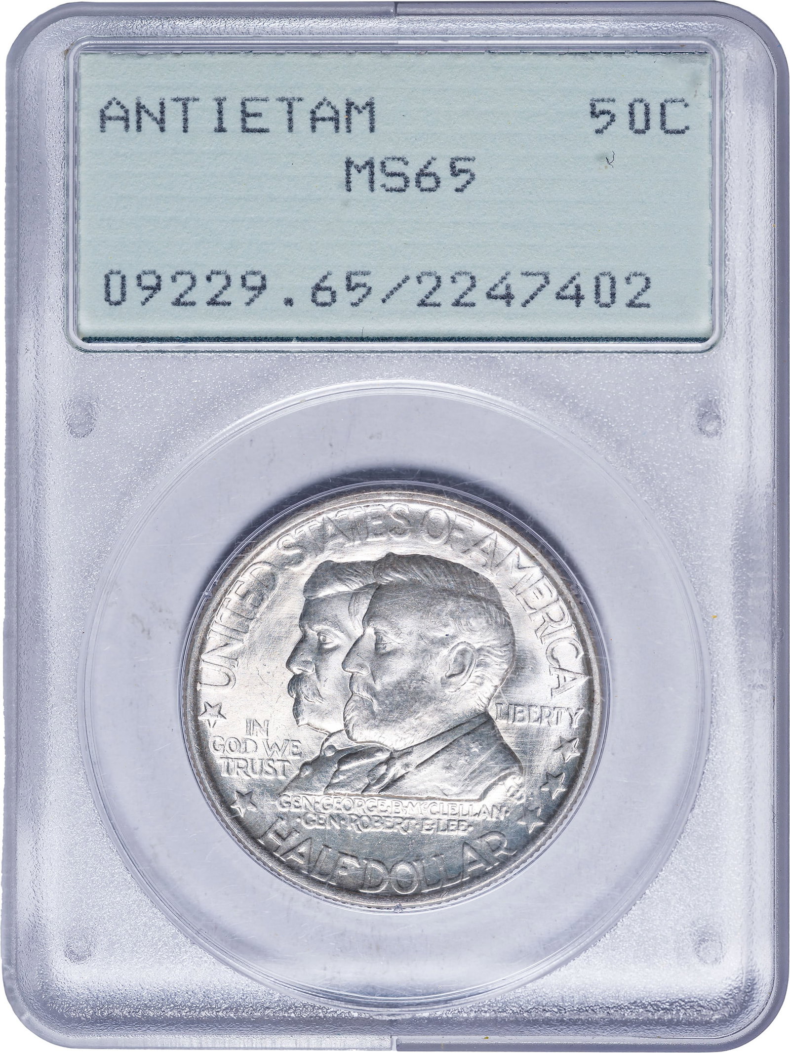 PCGS MS-65 Rattler 1937 Antietam Half Dollar: A brilliant gem that would appear to easily make MS-66 if resubmitted. Housed in an early generation PCGS "Rattler" holder.