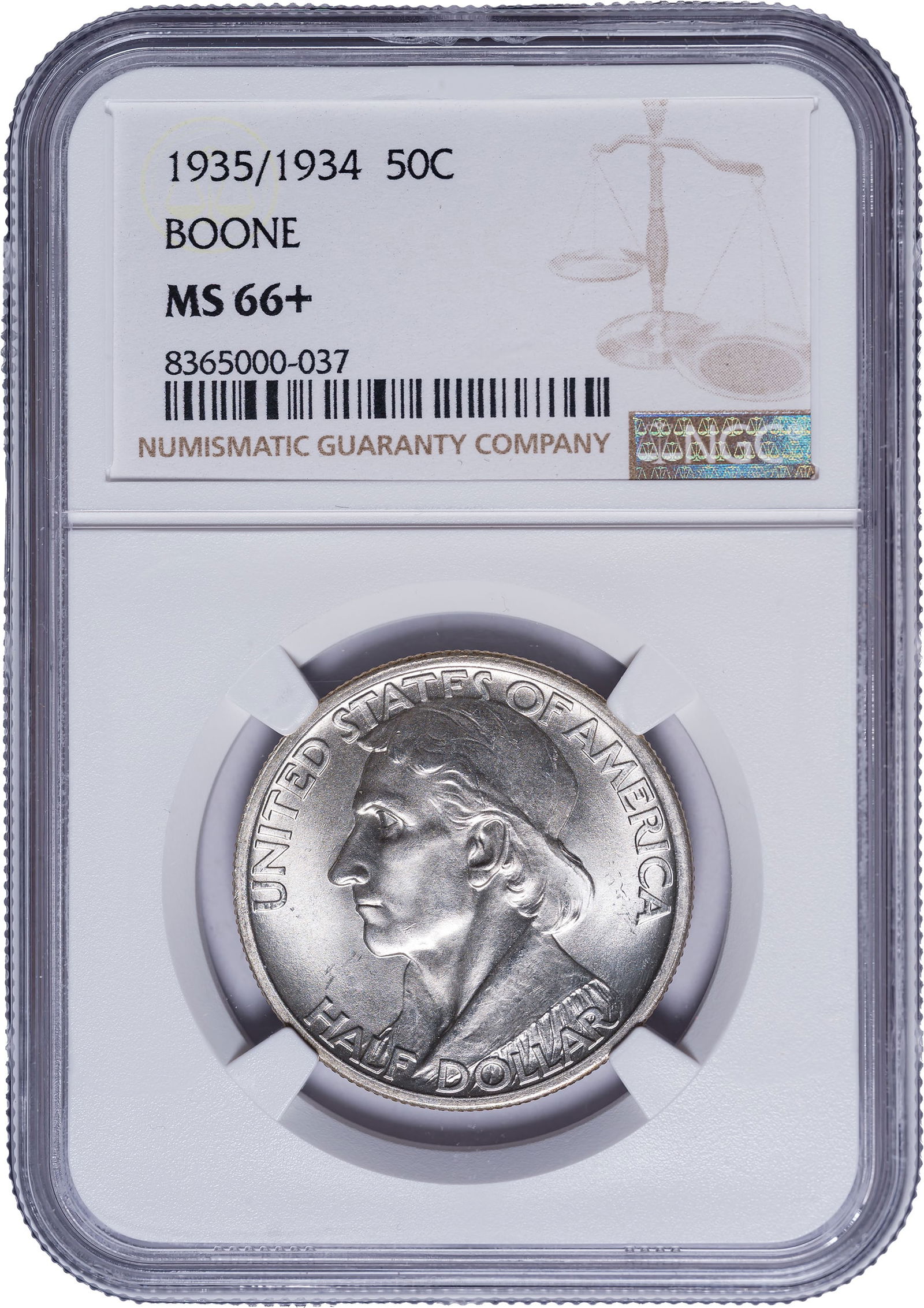 NGC MS-66+ 1935/1934 Boone Half Dollar: A frosty Gem of the finest order, brilliant and lustrous to the extreme.