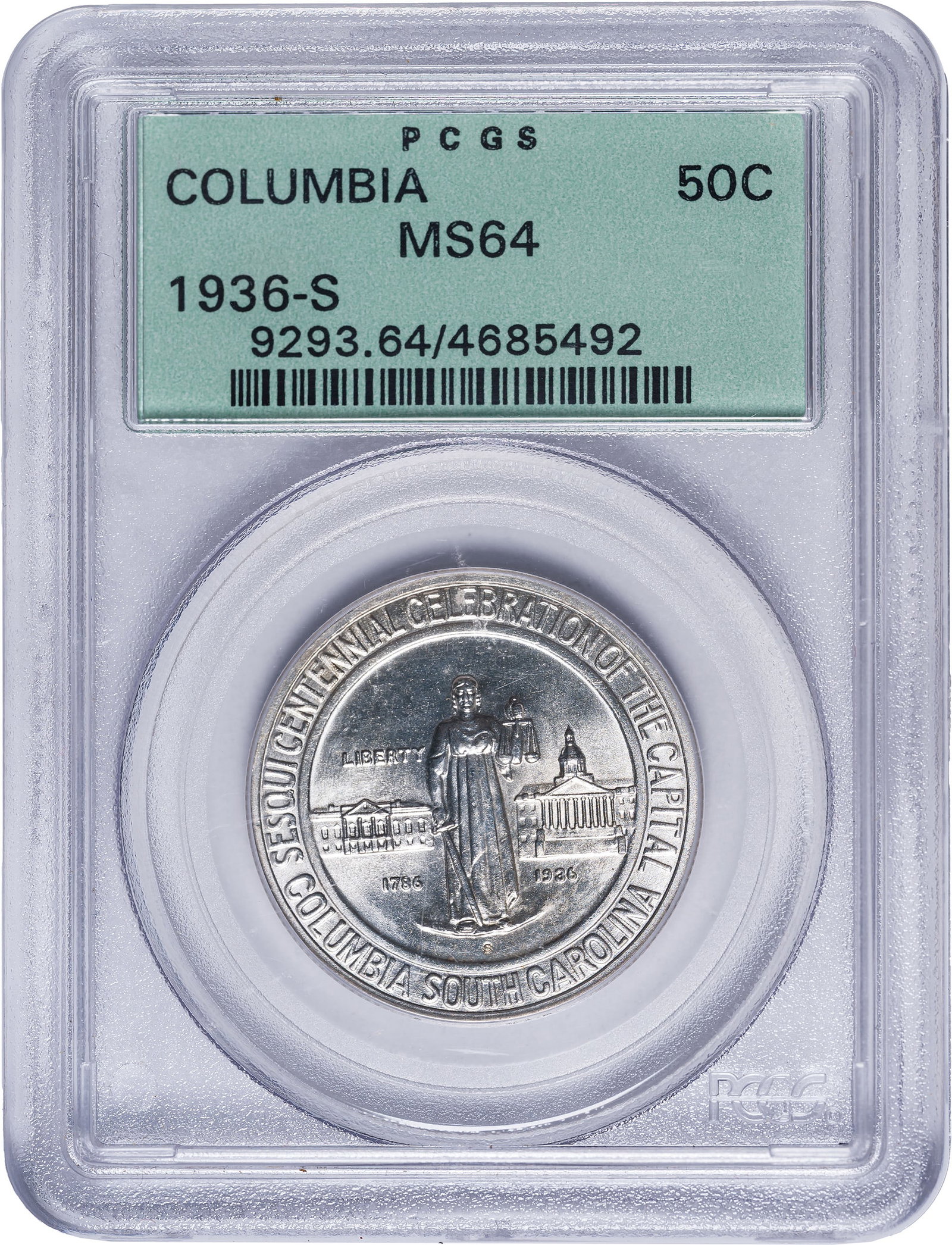 PCGS MS-64 1936-S Columbia, SC Half Dollar: Satiny and brilliant, an in-hand quality near-Gem. In an old-style green label PCGS holder with plastic frame.