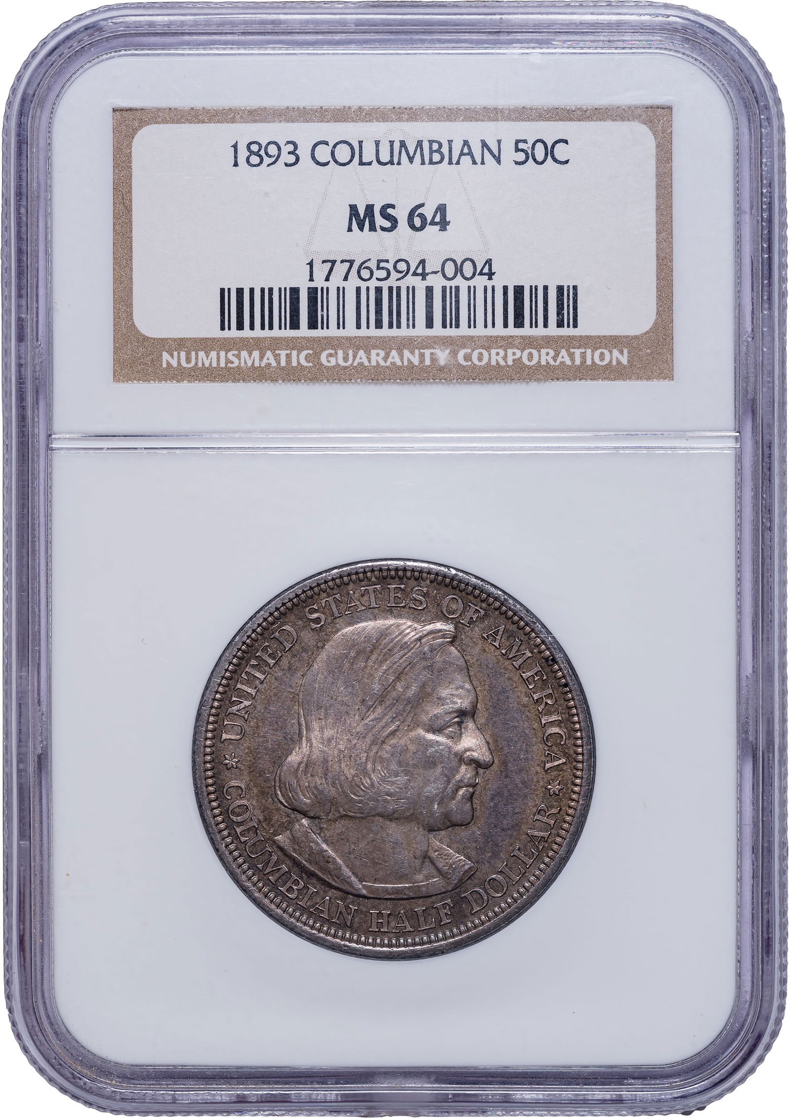 NGC MS-64 1893 Columbian Expo Half Dollar: Steel-gray with soft underlying luster.