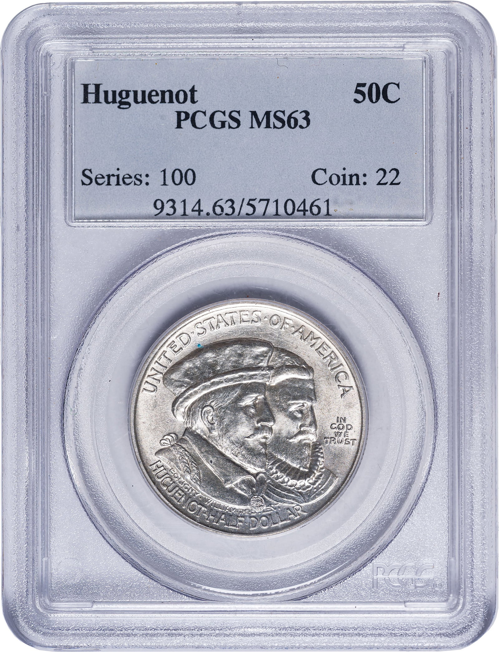 PCGS MS-63 1924 Huguenot Half Dollar: Satiny, brilliant, and lustrous, patch of violet toning on the reverse.