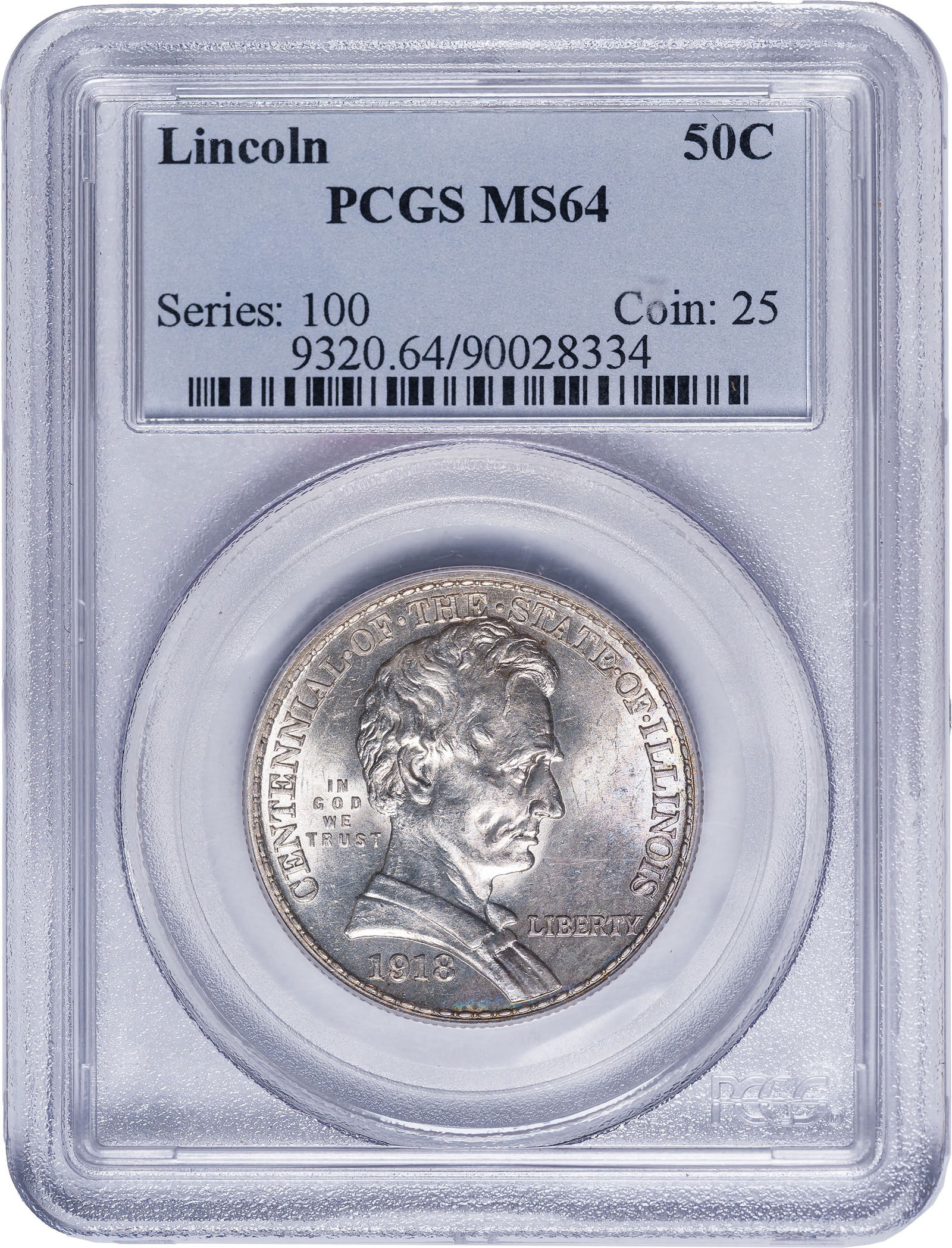 PCGS MS-64 1918 Illinois-Lincoln Half Dollar: A satiny and lustrous pale golden example of Kentucky's Native Son featured here on the Illinois Centennial half dollar.
