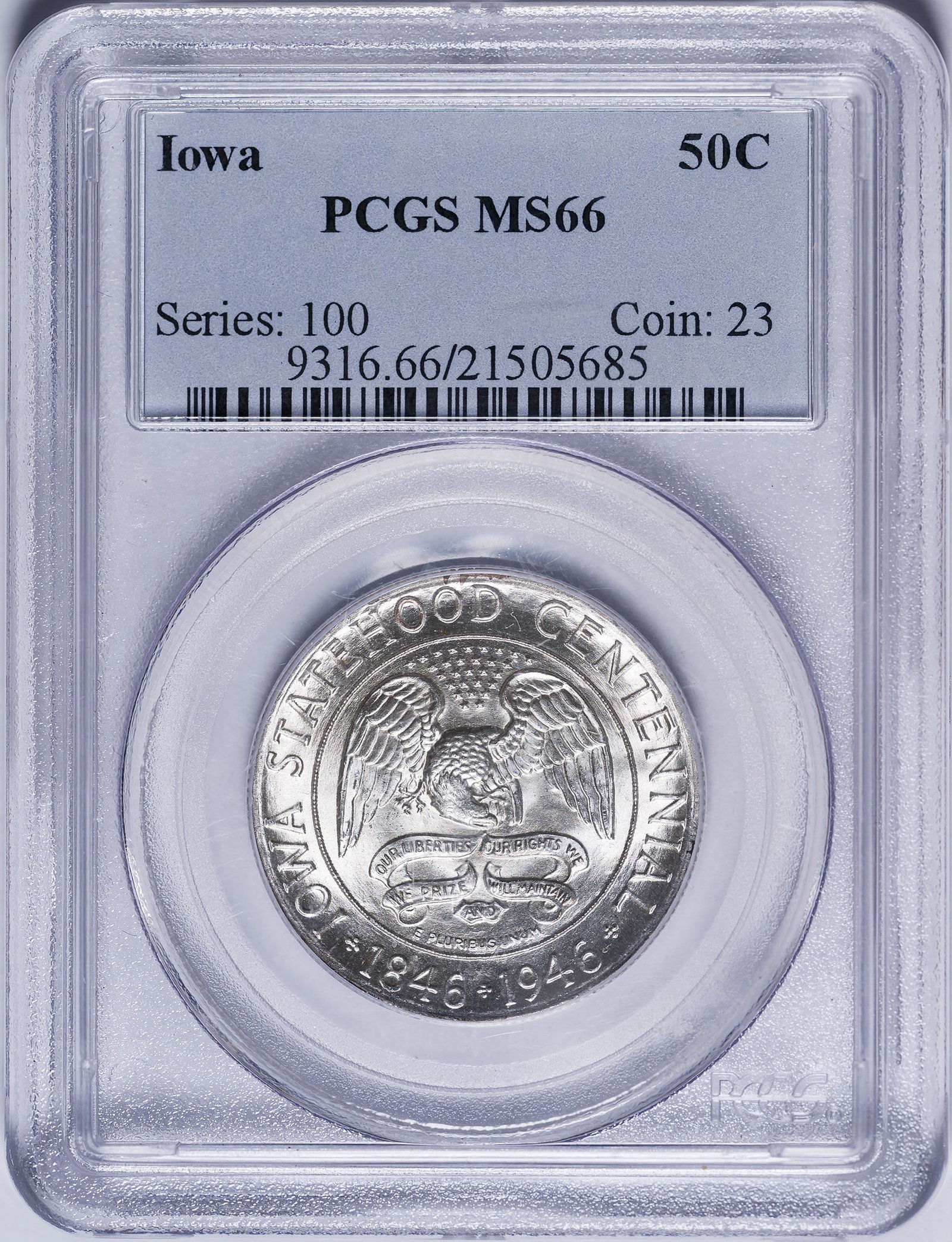 PCGS MS-66 1946 Iowa Half Dollar: Brilliant with a light splash of golden tone on the reverse.