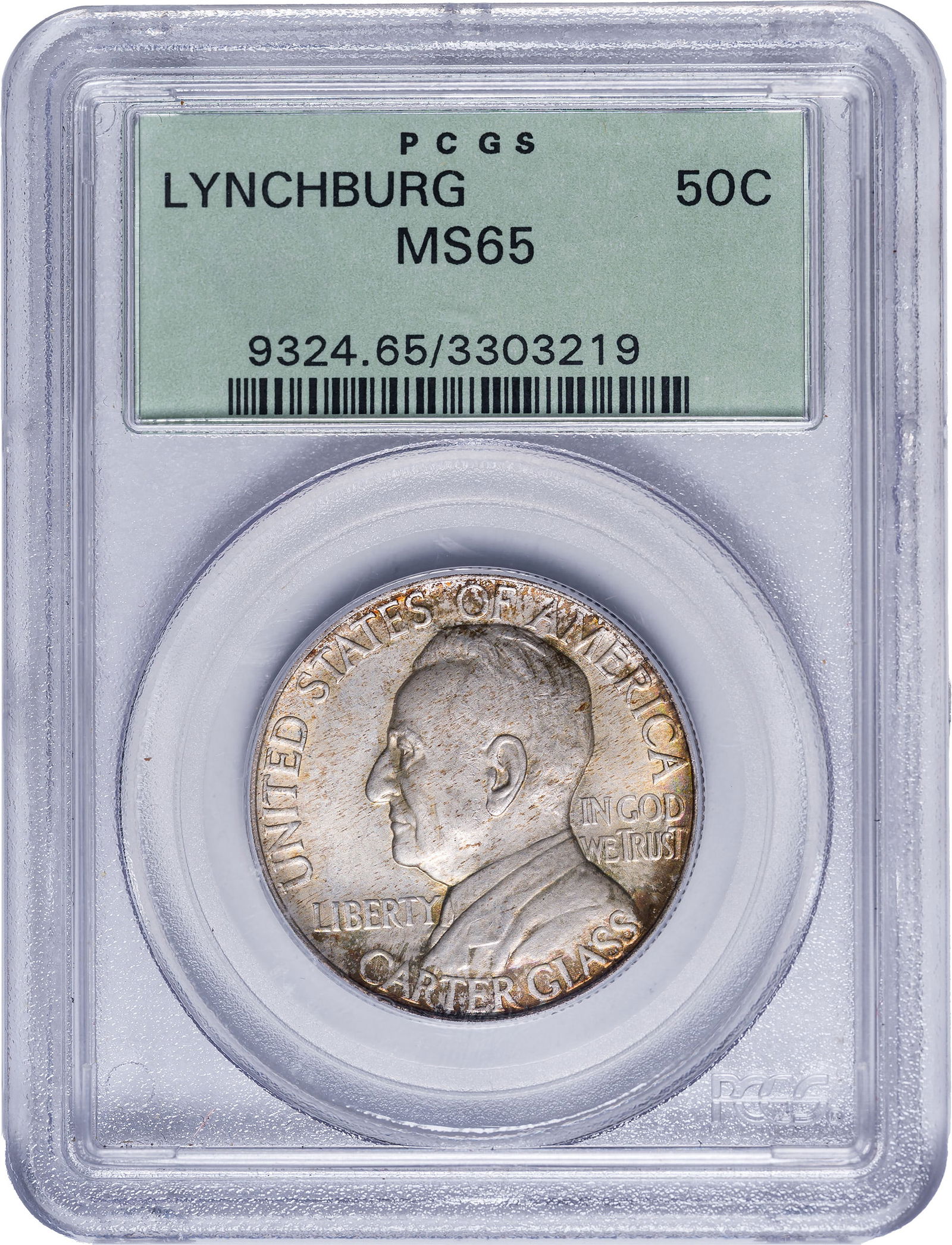 PCGS MS-65 1936 Lynchburg Half Dollar: Smoky silver-gray with golden peripheries and lively underlying luster. In an old-style green label PCGS holder with plastic frame.