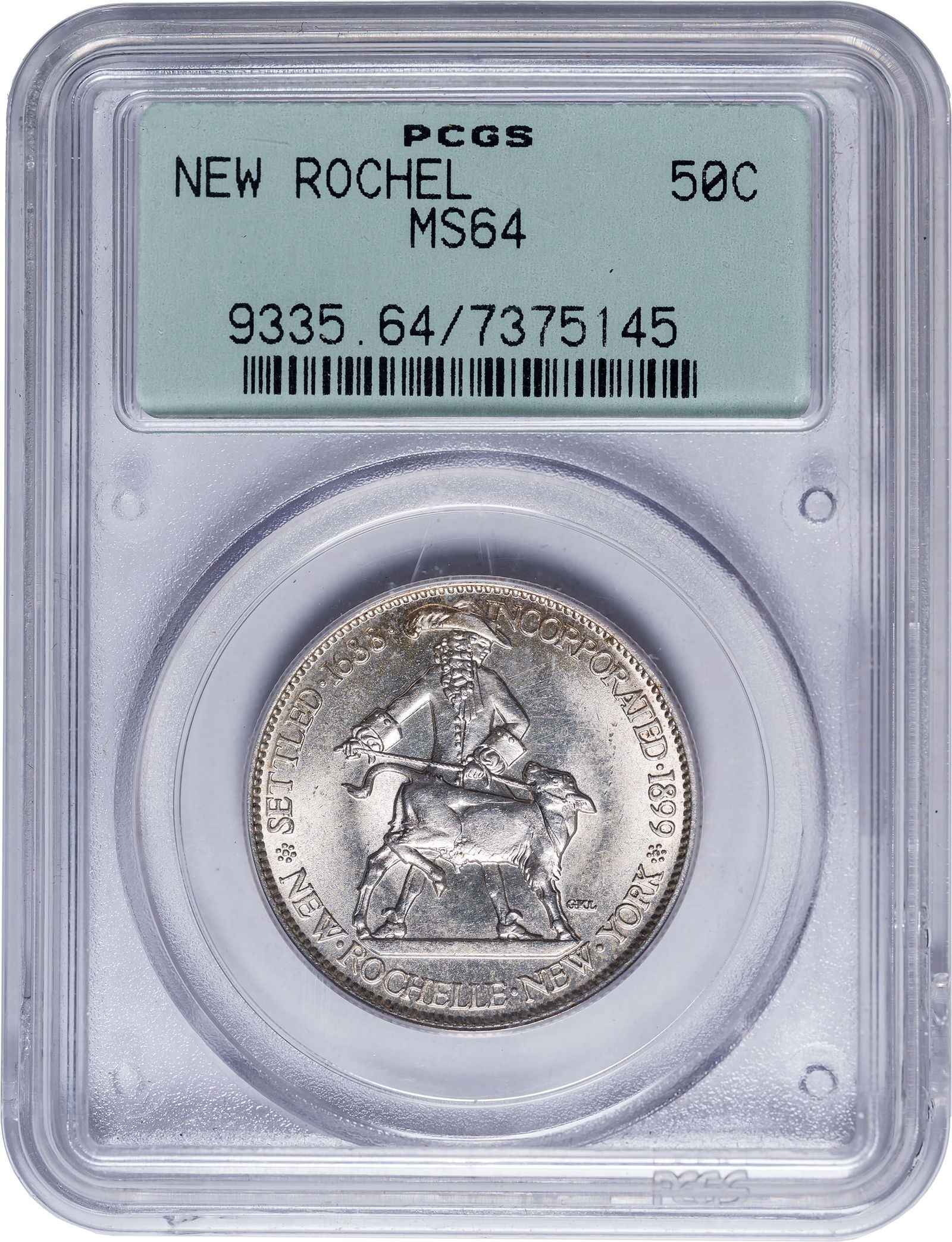 PCGS MS-64 1938 New Rochelle Half Dollar: Bright and lustrous with satiny surfaces that exhibit lively golden highlights here and there. In an old-style green label PCGS holder with plastic frame.