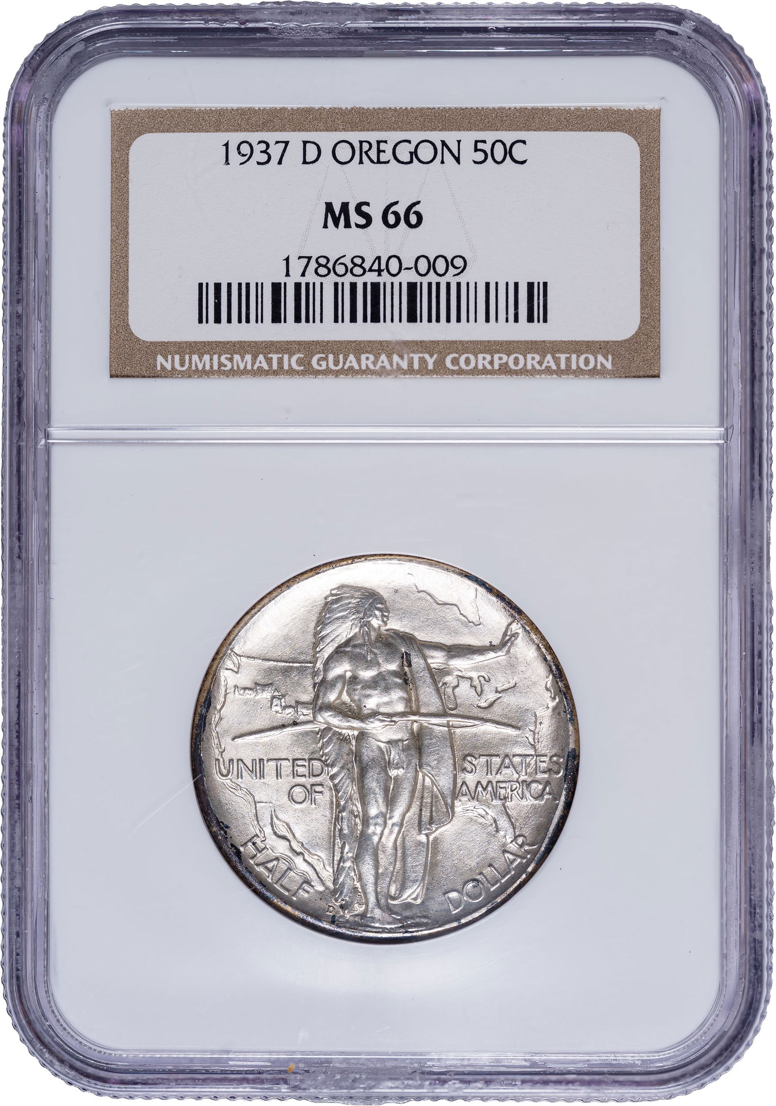 NGC MS-66 1937-D Oregon Trail Half Dollar: Largely brilliant and boldly lustrous, with some deep golden toning beginning at the rims.
